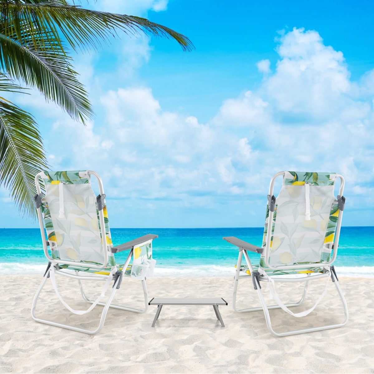 Conjunto de Cadeiras Dobráveis e Mesa de Praia Cadeiras de Jardim com 5 Posições com Mesa Lateral Estrutura Leve de Alumínio e Porta-Copos Verde