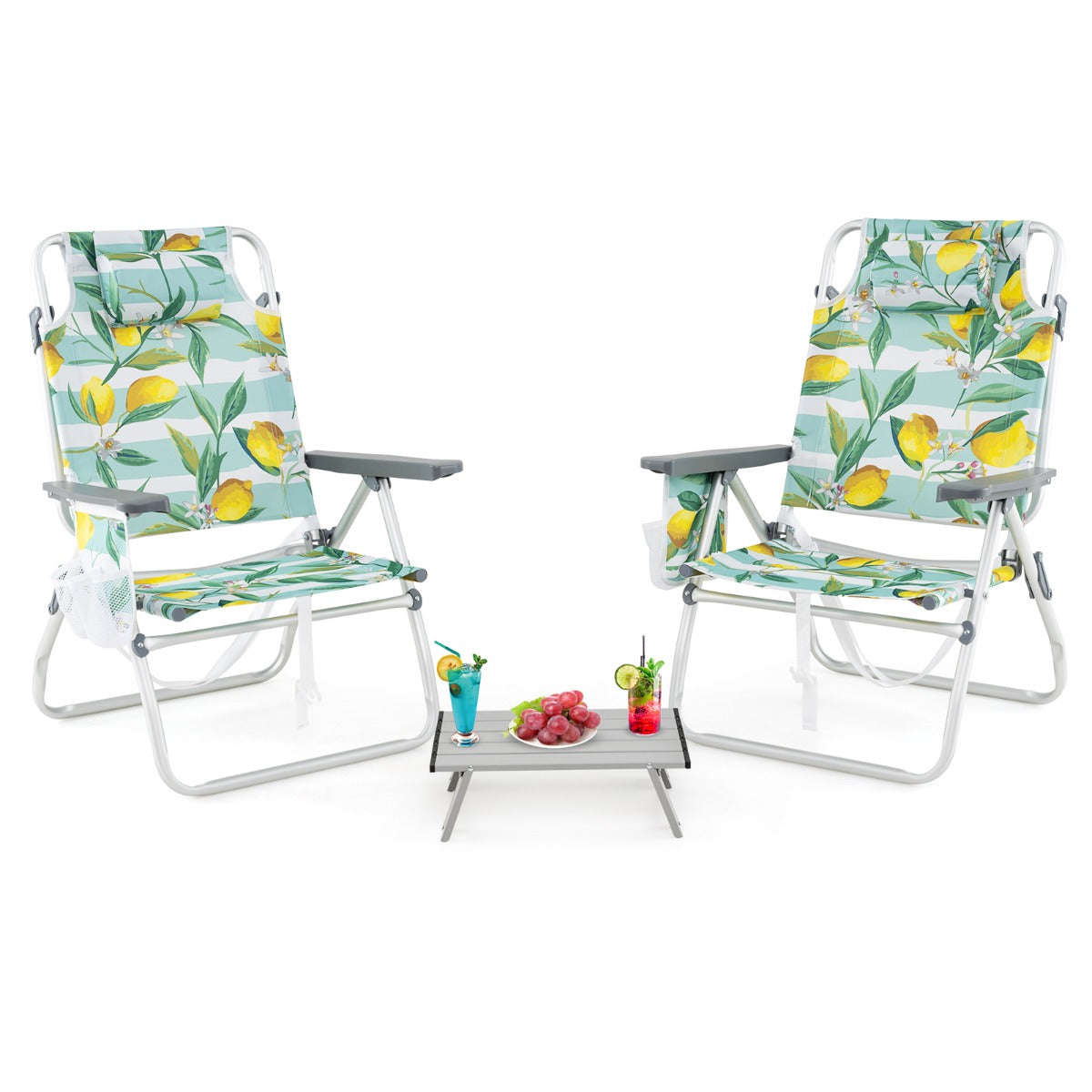 Conjunto de Cadeiras Dobráveis e Mesa de Praia Cadeiras de Jardim com 5 Posições com Mesa Lateral Estrutura Leve de Alumínio e Porta-Copos Verde