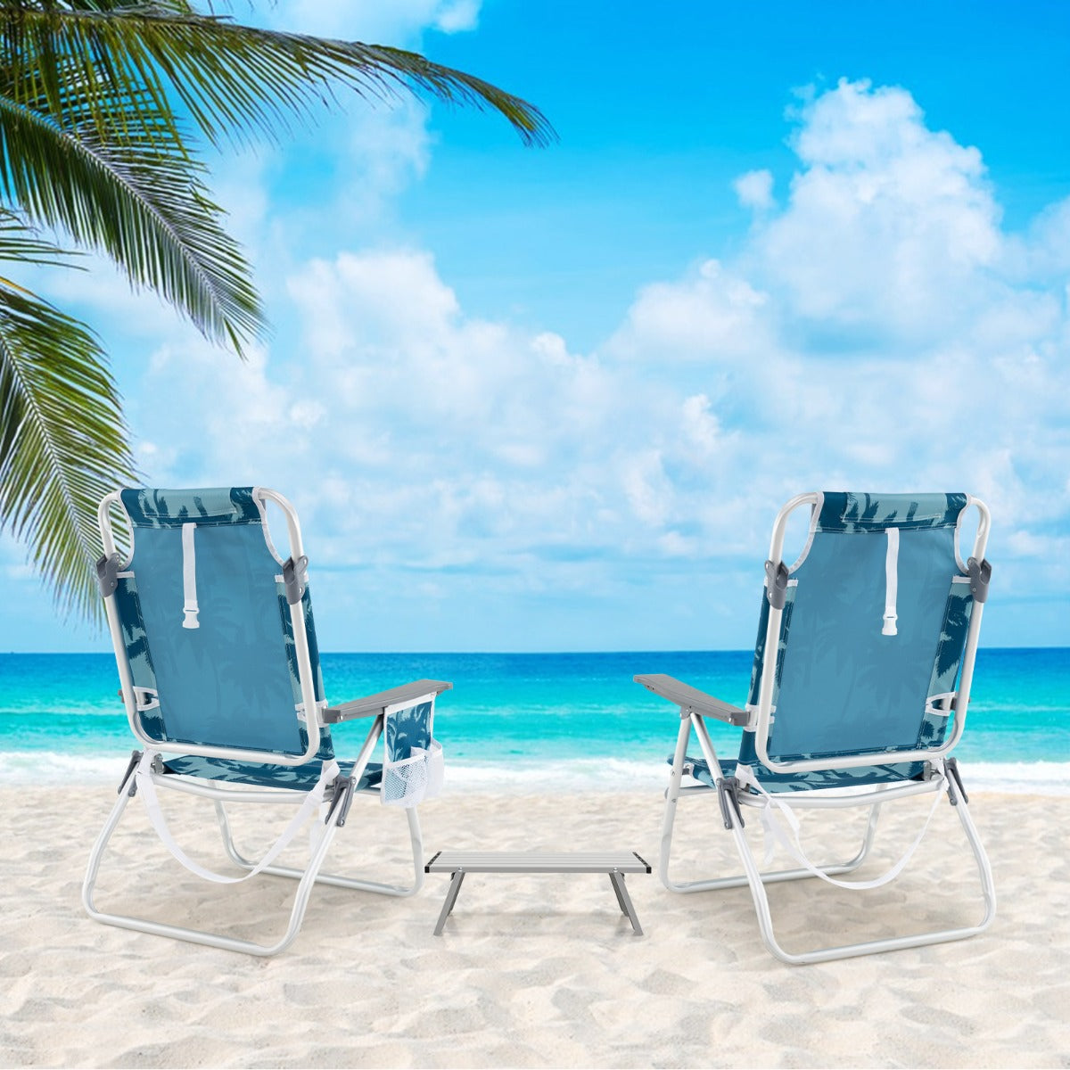 Conjunto de Cadeiras Dobráveis e Mesa de Praia Cadeiras de Jardim de 5 Posições com Mesa Lateral Estrutura Leve de Alumínio e Porta-copos Azul