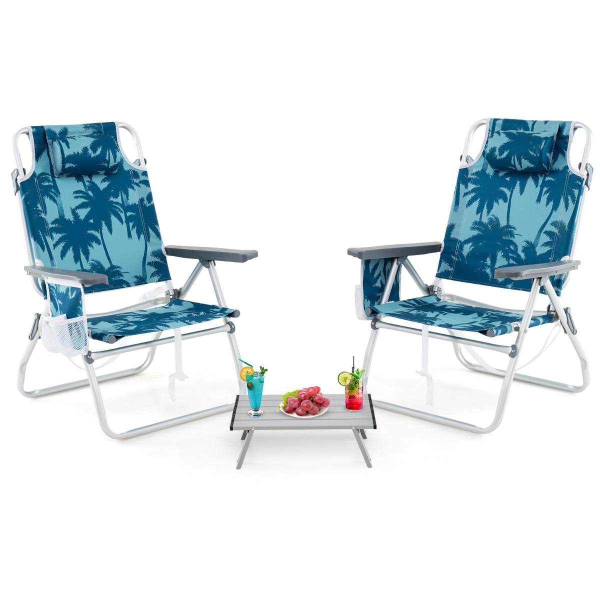 Conjunto de Cadeiras Dobráveis e Mesa de Praia Cadeiras de Jardim de 5 Posições com Mesa Lateral Estrutura Leve de Alumínio e Porta-copos Azul