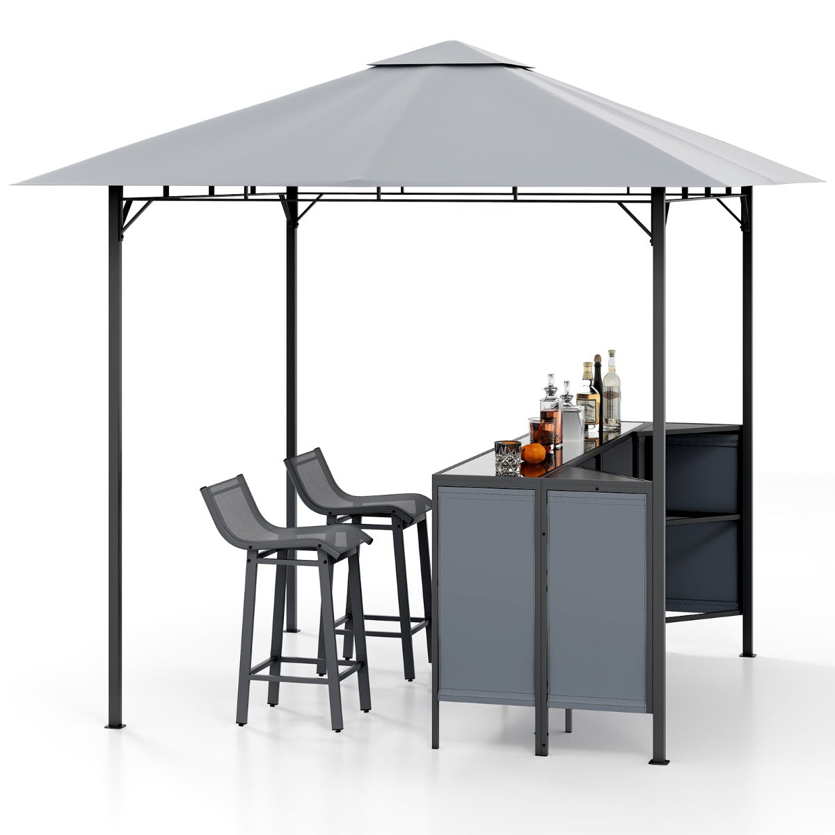 Conjunto de Bar de Pátio de 3 Peças Gazebo de Grade Dupla com 2 Bancos de Bar Mesa de Bar de Vidro Temperado Prateleira de Armazenamento