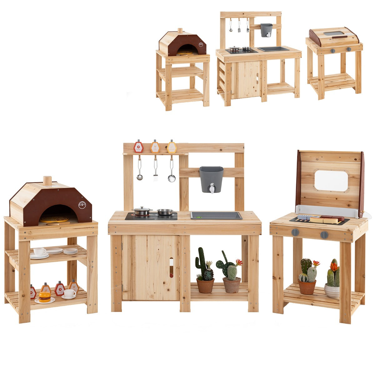 Conjunto de Cozinha Exterior de 3 Peças em Madeira - Parrilha BBQ e Forno de Pizza para Crianças a partir dos 3 Anos