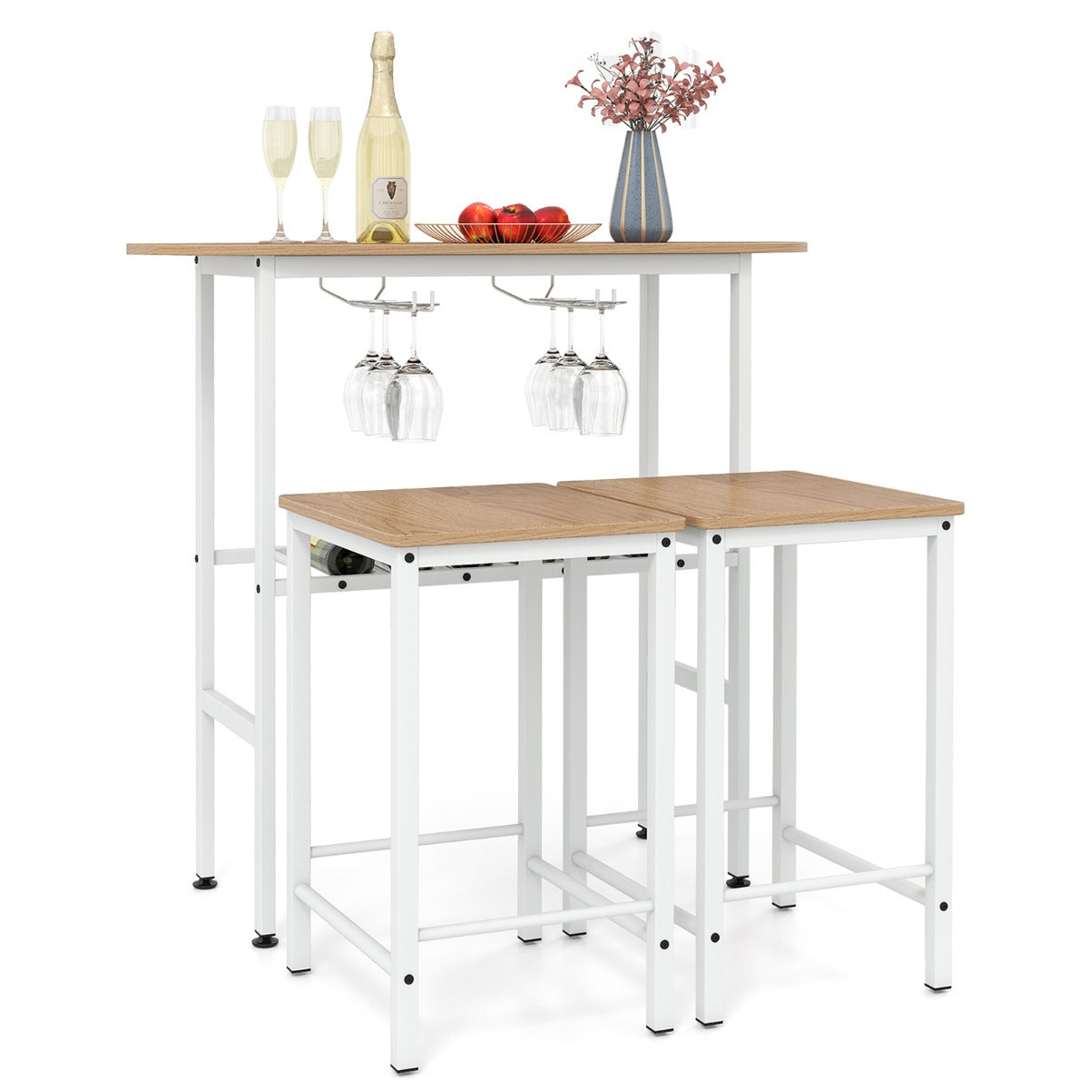 Conjunto de Mesa de Bar e 2 Bancos de Bar, Estante Aberta para Vinhos 2 Suportes para Copos Cozinha Natural e Branco