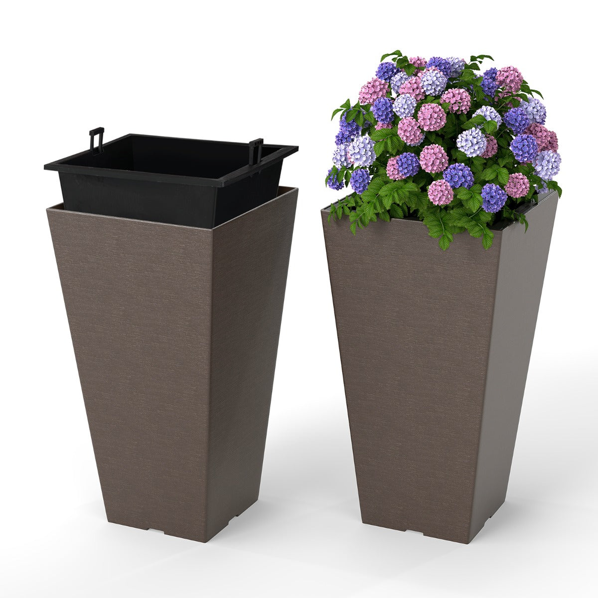 Conjunto de 2 Vasos Altos Quadrados com Rega Automática e Cuba Interior Removível, com Orifícios de Drenagem Castanho 29,5 x 29,5 x 57 cm