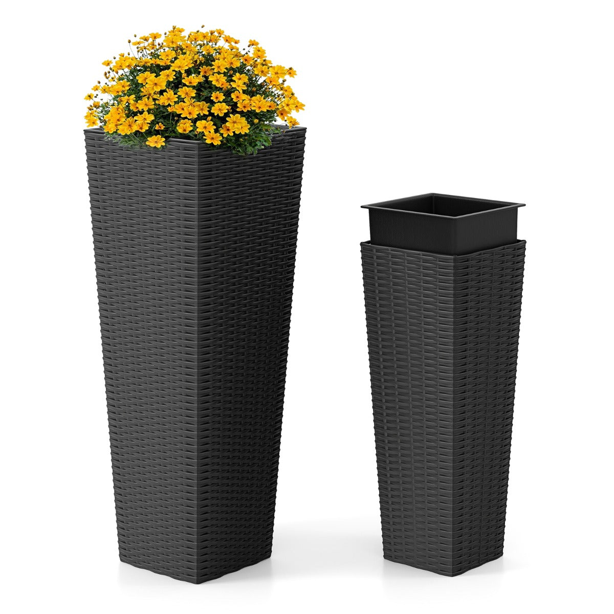 Conjunto de 2 Maceteros Alto e Baixo em Ratan com 2 Peças de Grandes Vasos ao Ar Livre com Furos de Drenagem Removíveis em Preto
