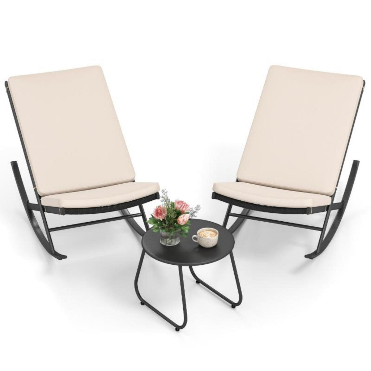 Conjunto de Exterior 3 Peças - 2 Mecedoras de Vime PE com Almofadas e 1 Mesa de Café para Jardim, Terraço e Varanda - Bege