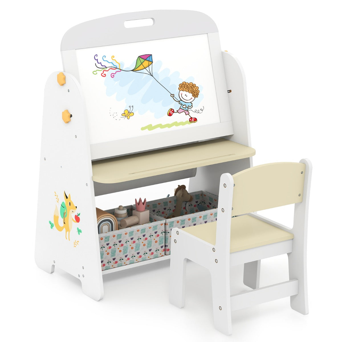 Conjunto de Mesa e Cadeira para Crianças com Quadro Branco Magnético e Quadro de Giz 2 Caixas de Tecido Dobráveis para Pintar e Brincar