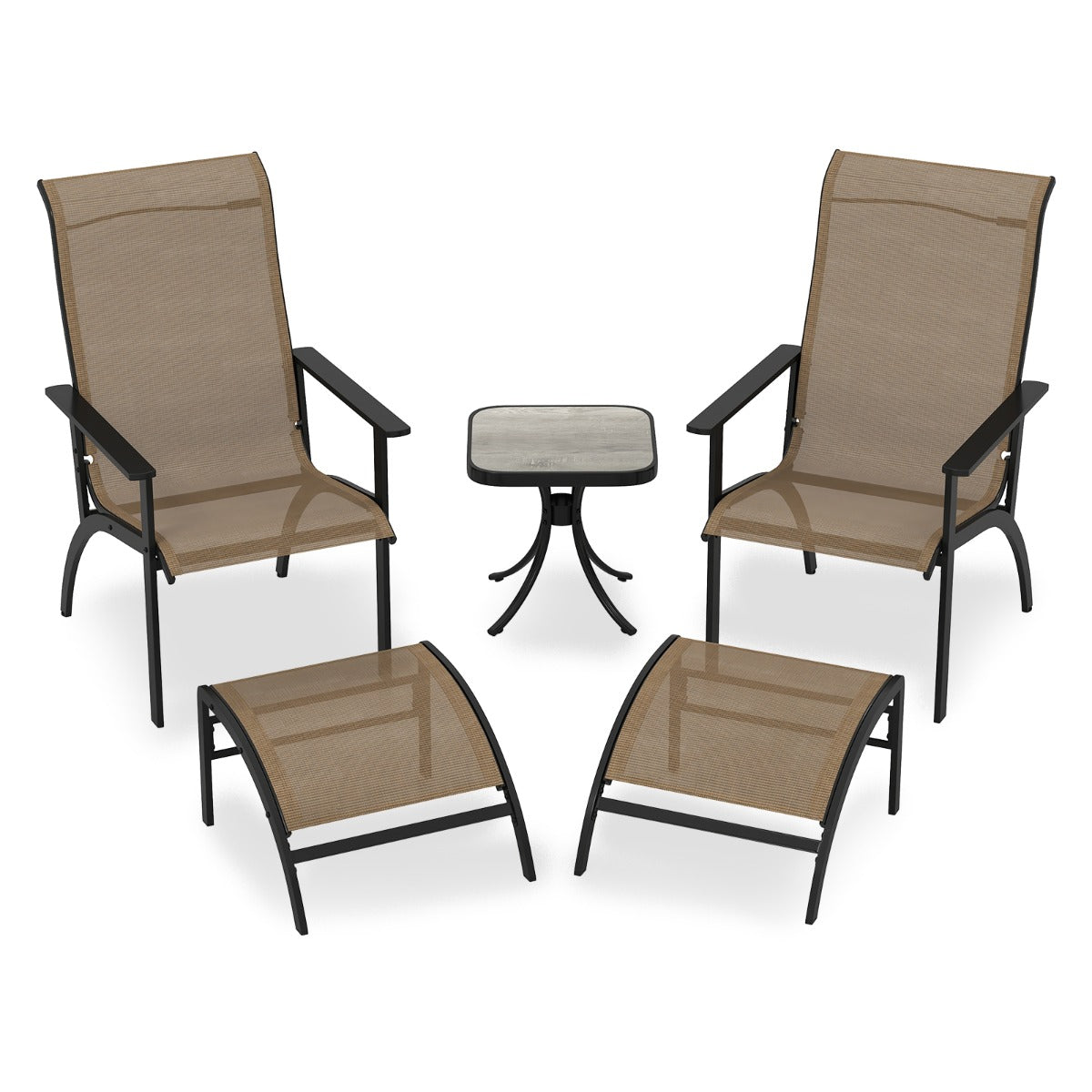 Conjunto de Móveis de Jardim de 5 Peças - Sillas Ergonómicas com Reposapiés e Mesa Auxiliar em Metal para Pátio e Piscina