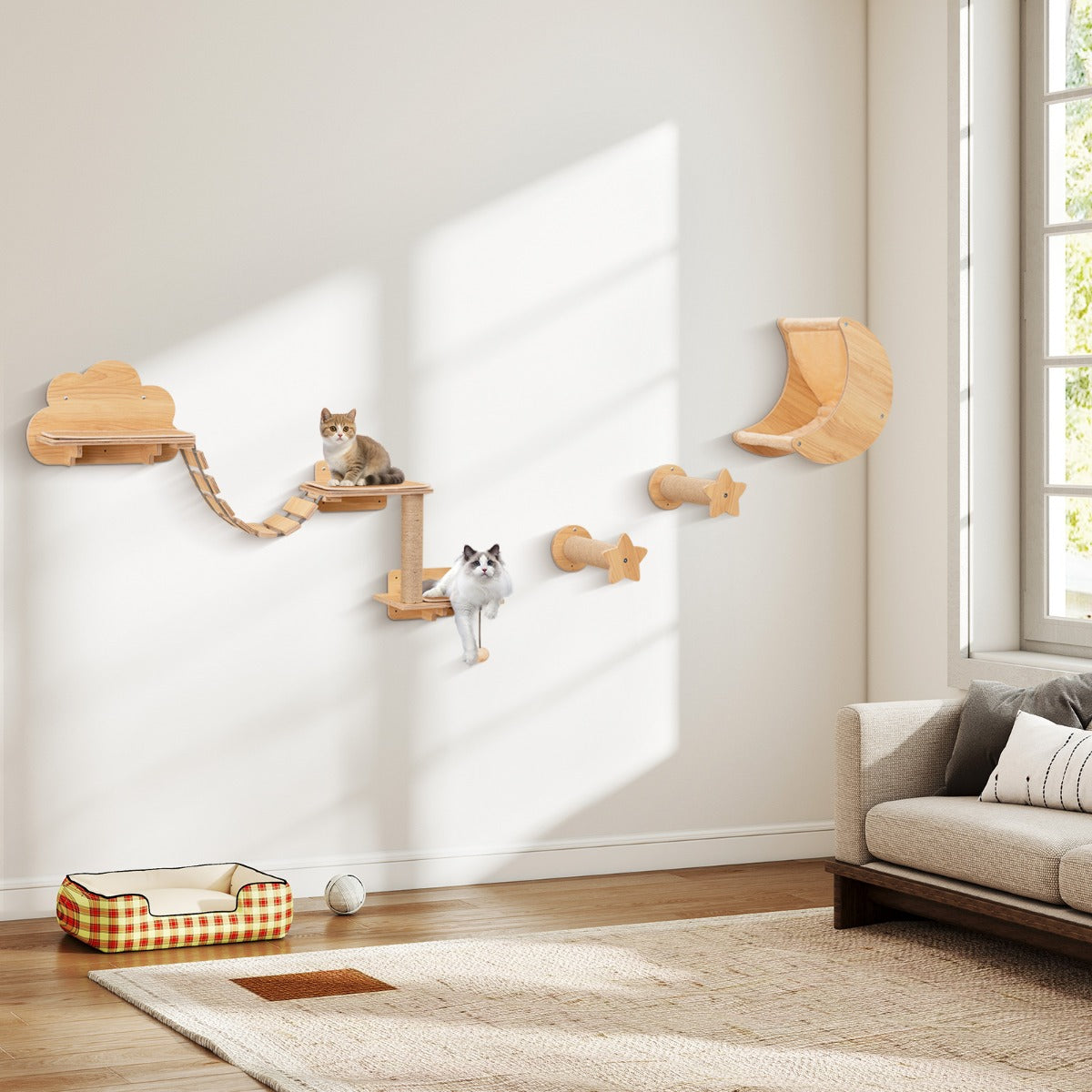 Conjunto de Móveis de Parede para Gatos de 6 Peças com Rede Ponte Árvore de 2 Níveis Plataformas Postes de Arranhar Natural