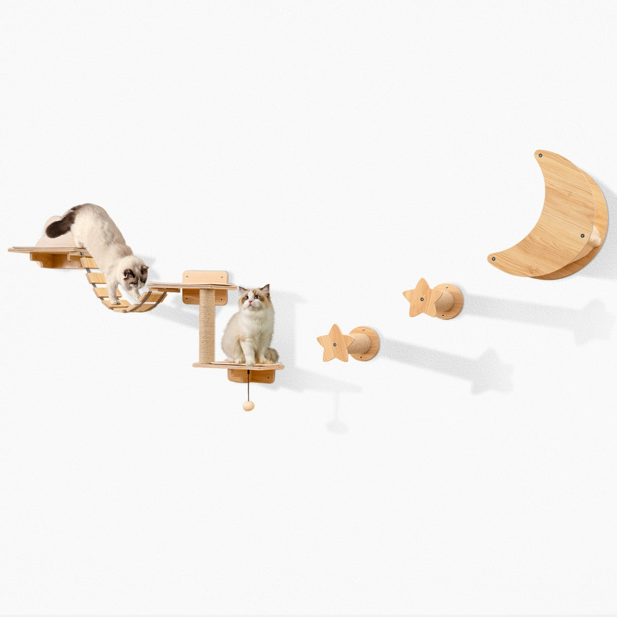 Conjunto de Móveis de Parede para Gatos de 6 Peças com Rede Ponte Árvore de 2 Níveis Plataformas Postes de Arranhar Natural