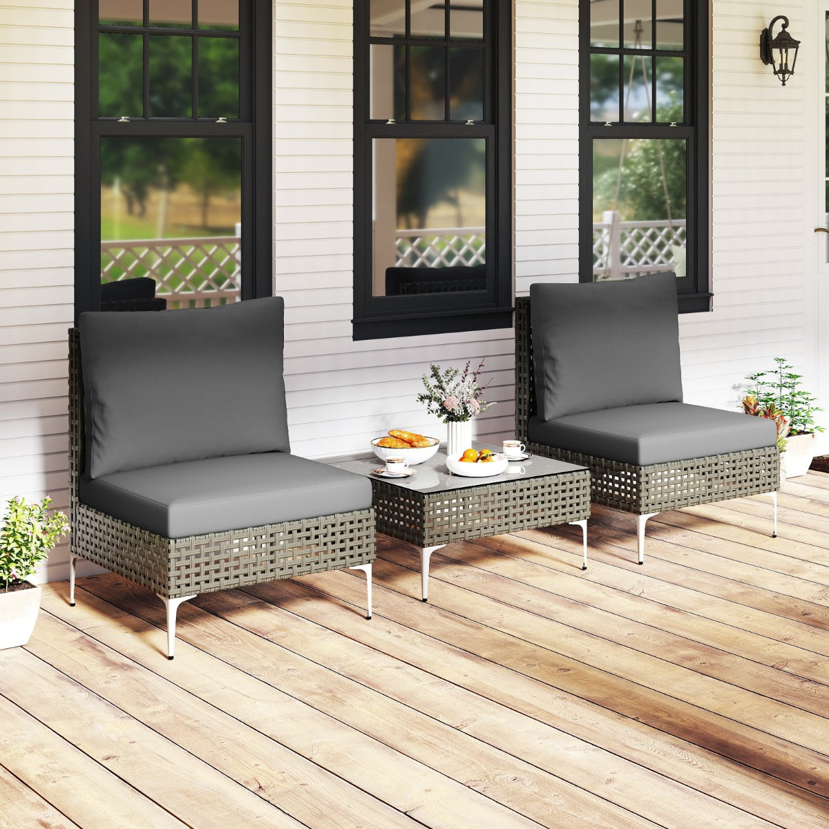 Conjunto de Mobiliário de Jardim em Vime de 3 Peças com 2 Poltronas 1 Mesa de Centro em Vidro Temperado