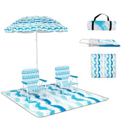 Conjunto de Guarda-Sol de Praia com 2 Cadeiras Dobráveis e Manta de Piquenique Azul