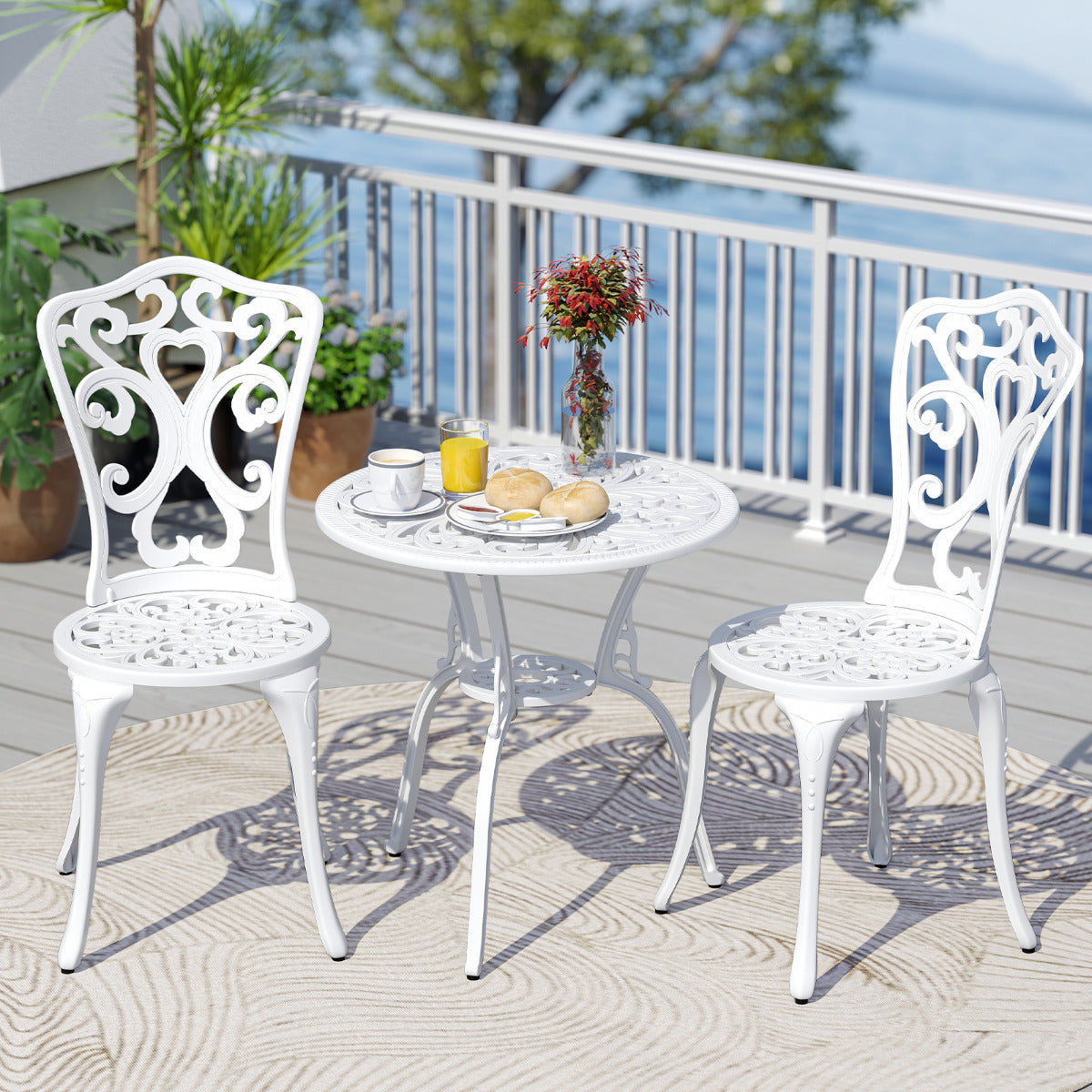 Conjunto de Jantar de Jardim - 2 Cadeiras e 1 Mesa - em Alumínio Fundido Branco com Orifício para Guarda-Sol