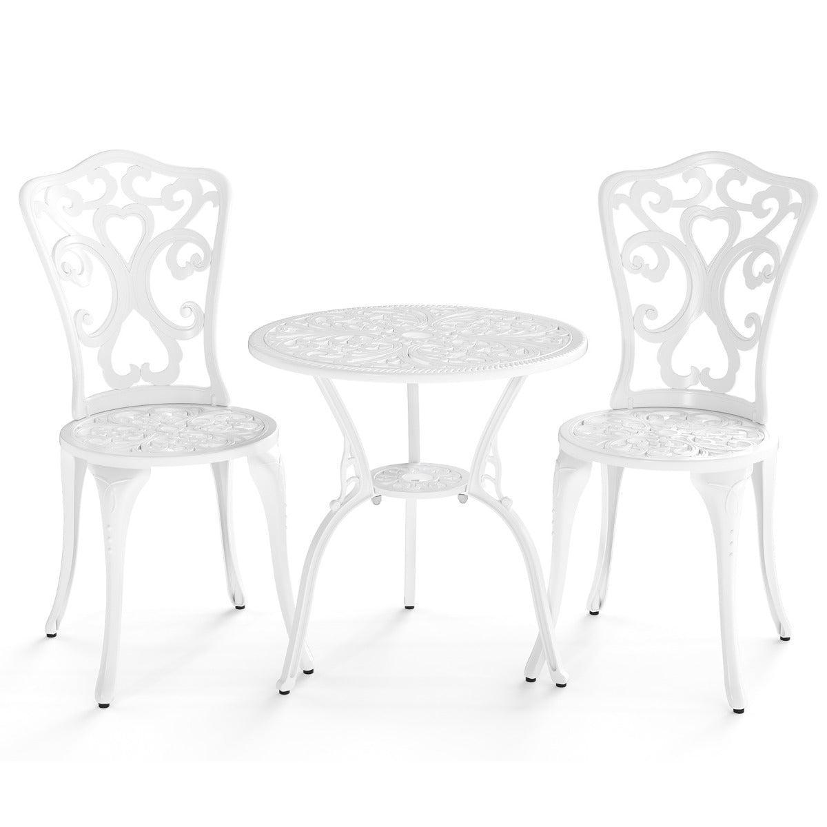 Conjunto de Jantar de Jardim - 2 Cadeiras e 1 Mesa - em Alumínio Fundido Branco com Orifício para Guarda-Sol
