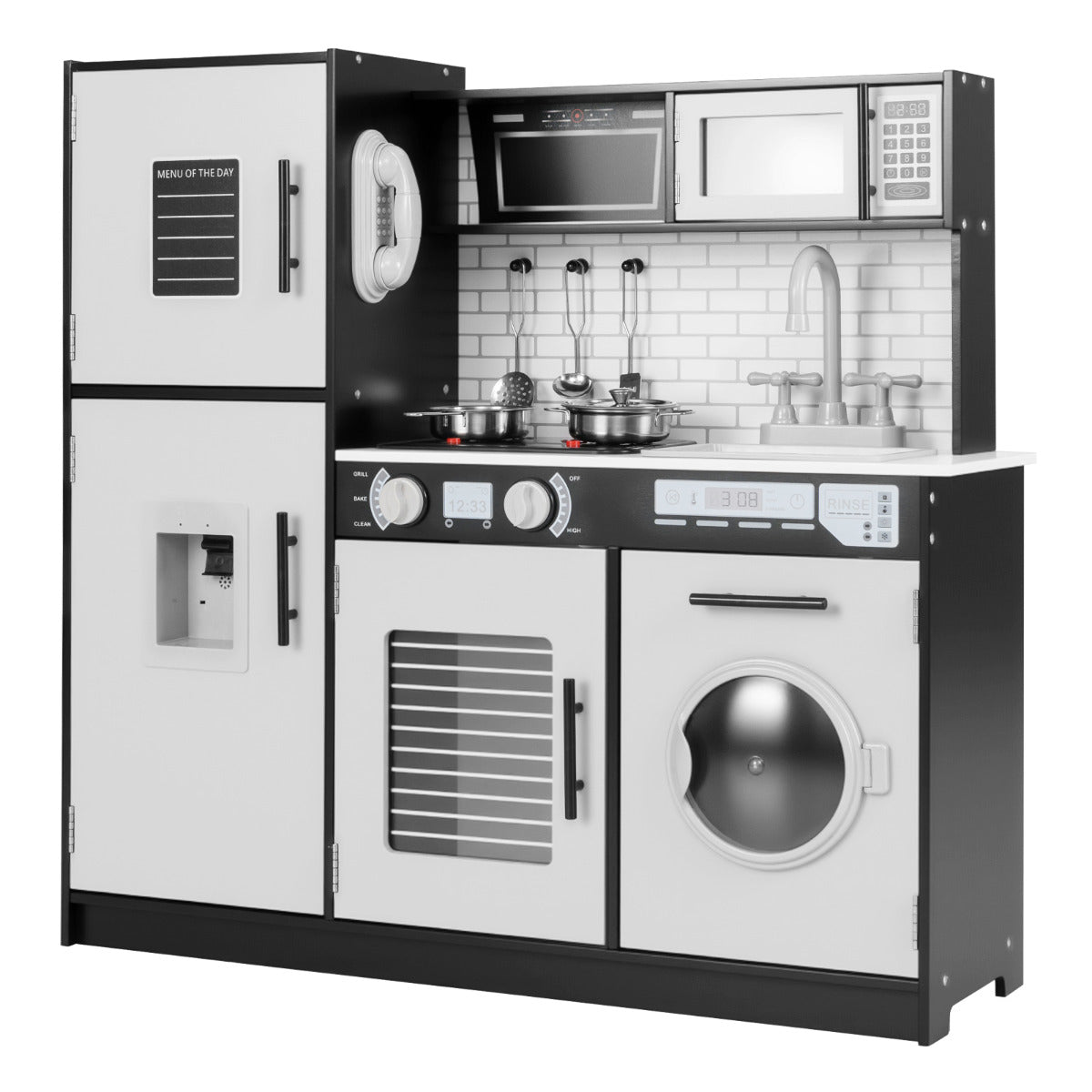 Cozinha de Brincar para Crianças com Forno Máquina de Lavar Microondas Dispensador Sons e Luzes Brinquedo Simbólico de Chef para Crianças 3+ Anos Preto