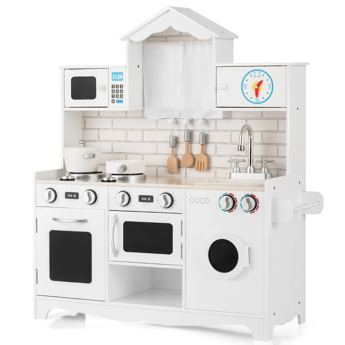 Cozinha de Madeira para Crianças com Máquina de Lavar, Forno, Micro-ondas, Pia, Fogãozinhos - Brinquedo para Crianças 3+ Anos 78 x 29 x 93 cm