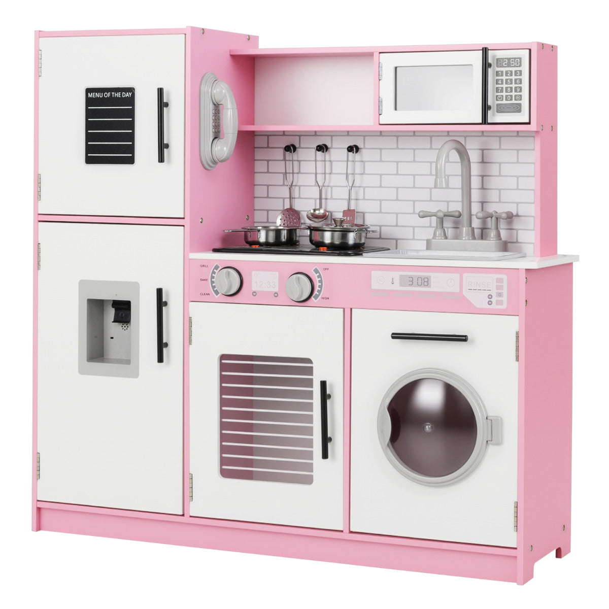 Cozinha de Brincar para Crianças com Forno Máquina de Lavar Microondas Dispensador Sons e Luzes Brinquedo Simbólico de Chef para Crianças 3+ Anos Rosa