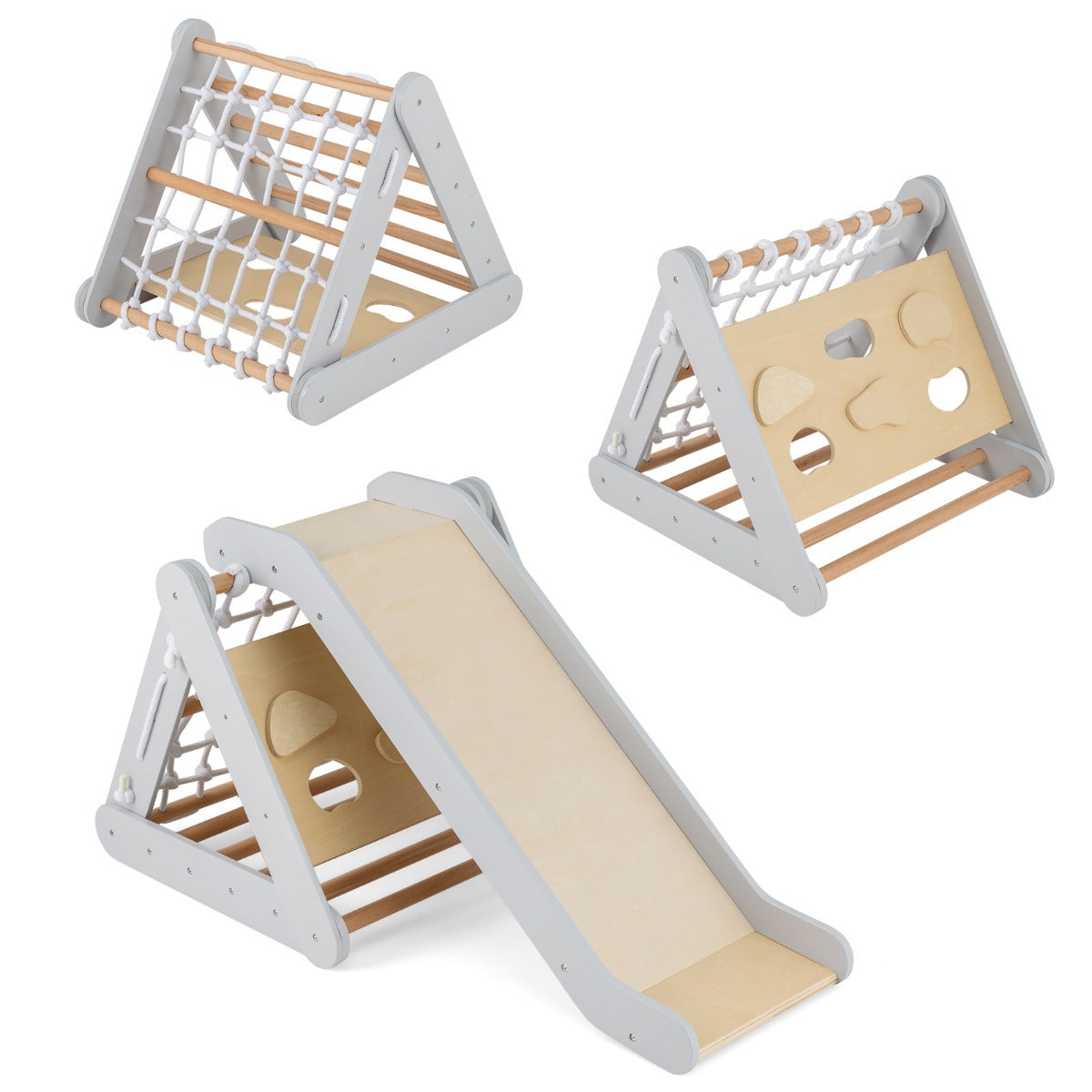 Escalador Triangular com Escorrega para Crianças – Madeira – Cinzento