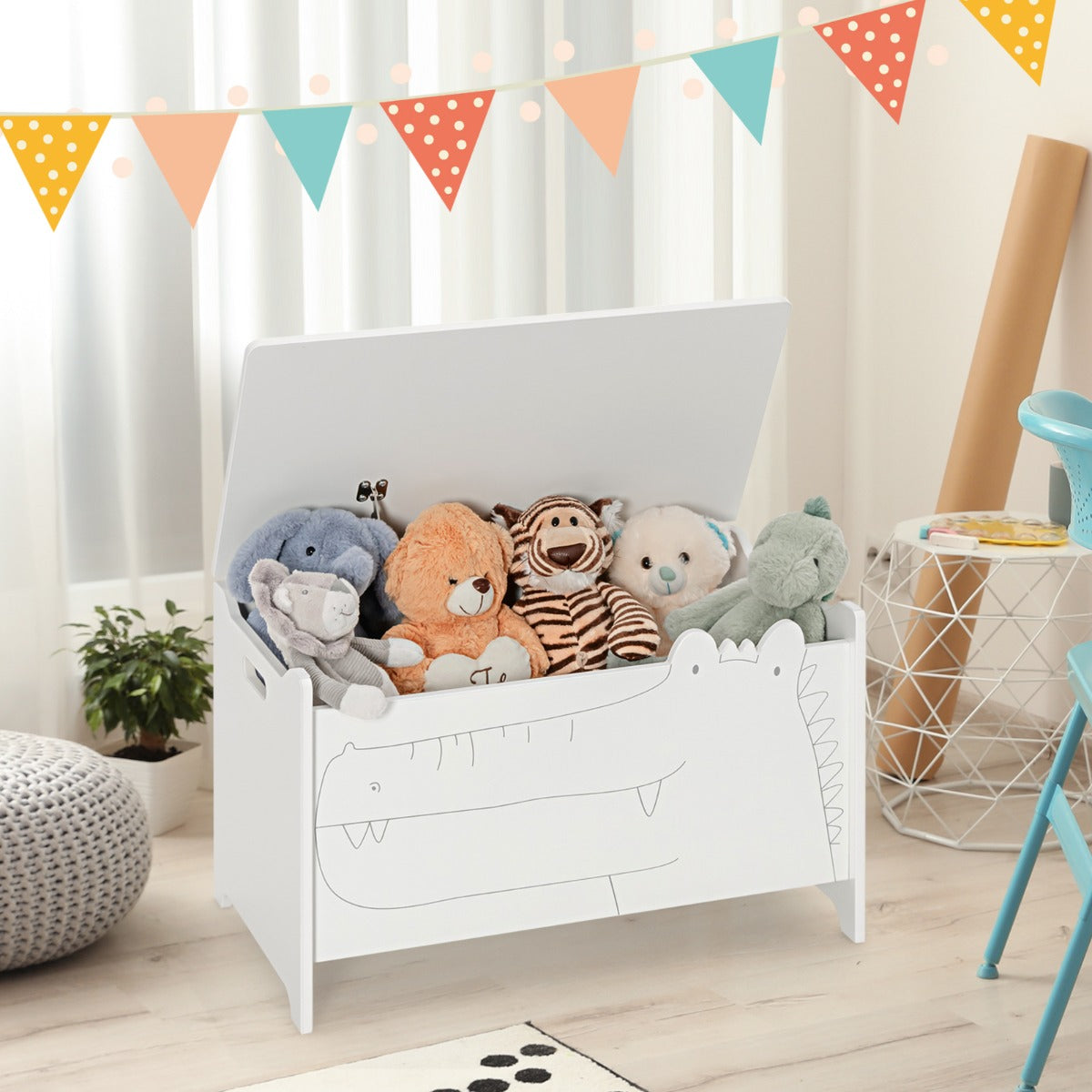 Organizador de Brinquedos Infantil com Dobradiça de Segurança para Quarto de Criança 60 x 33 x 37,5 cm - Branco