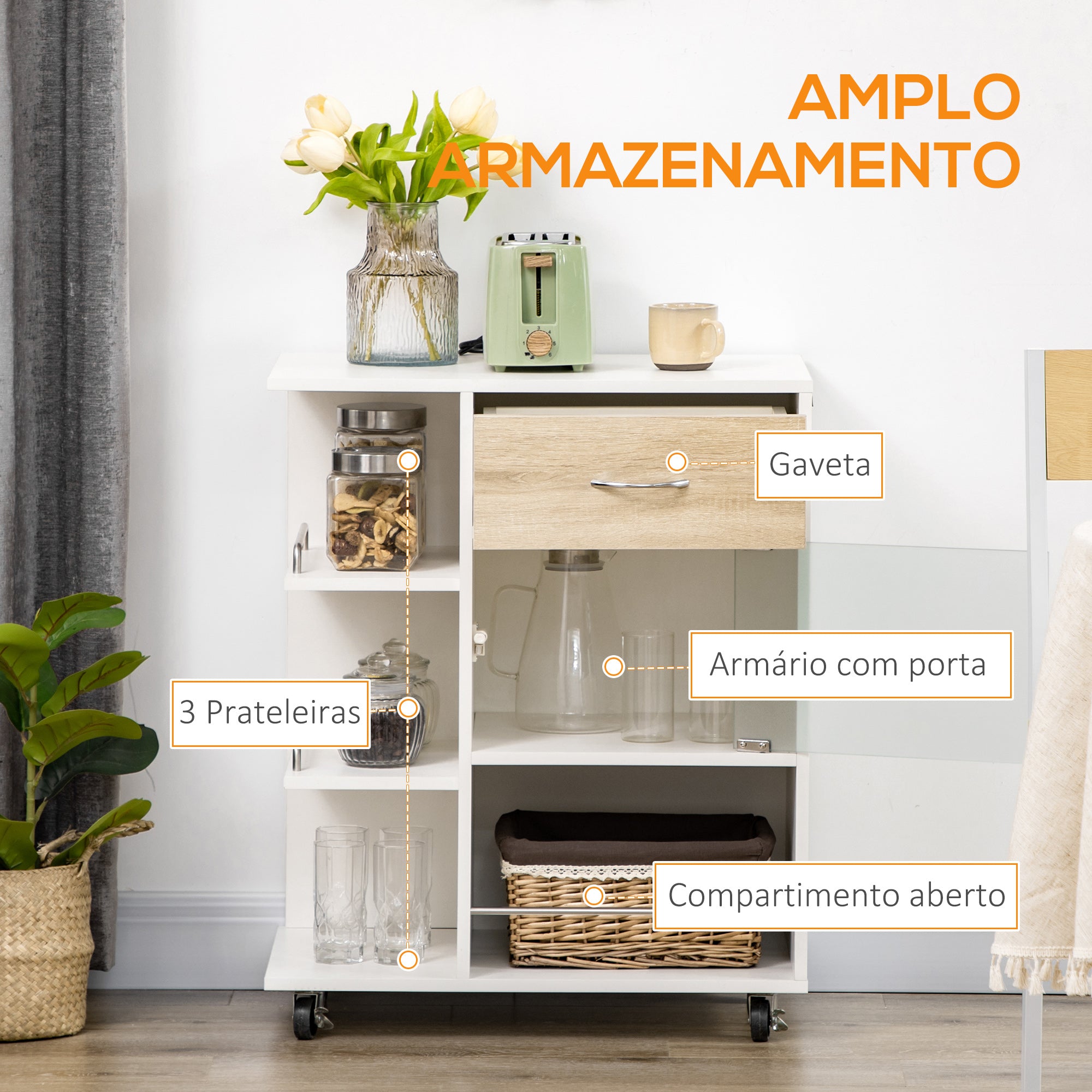 Carrinho de Cozinha Moderno 65x39x80cm - Madeira e Branco