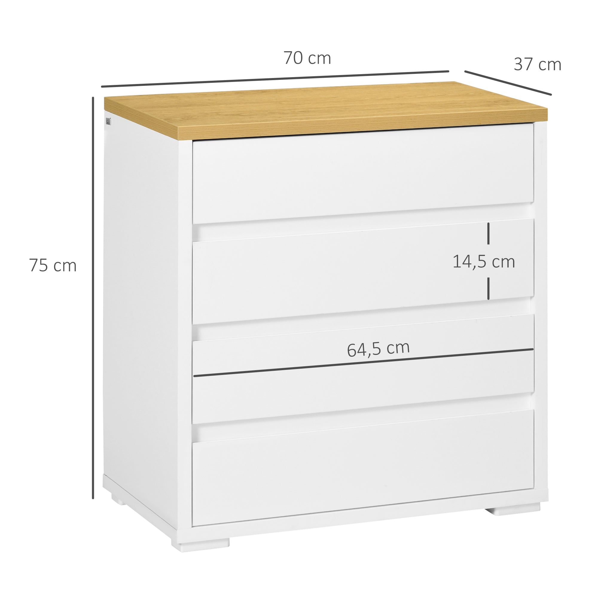Cómoda Moderna com 4 Gavetas 70x37x75 cm Branco e Madeira