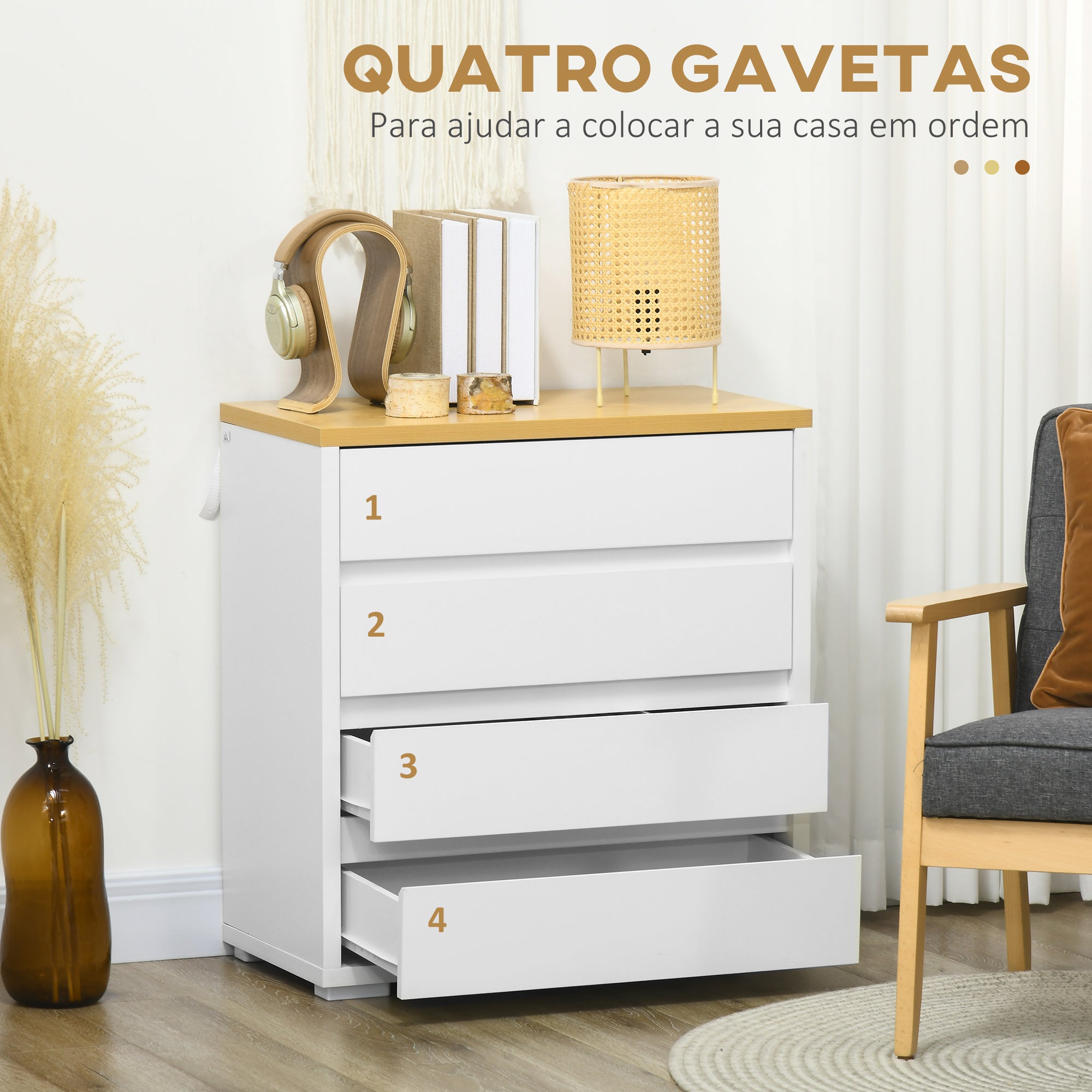 Cómoda Moderna com 4 Gavetas 70x37x75 cm Branco e Madeira