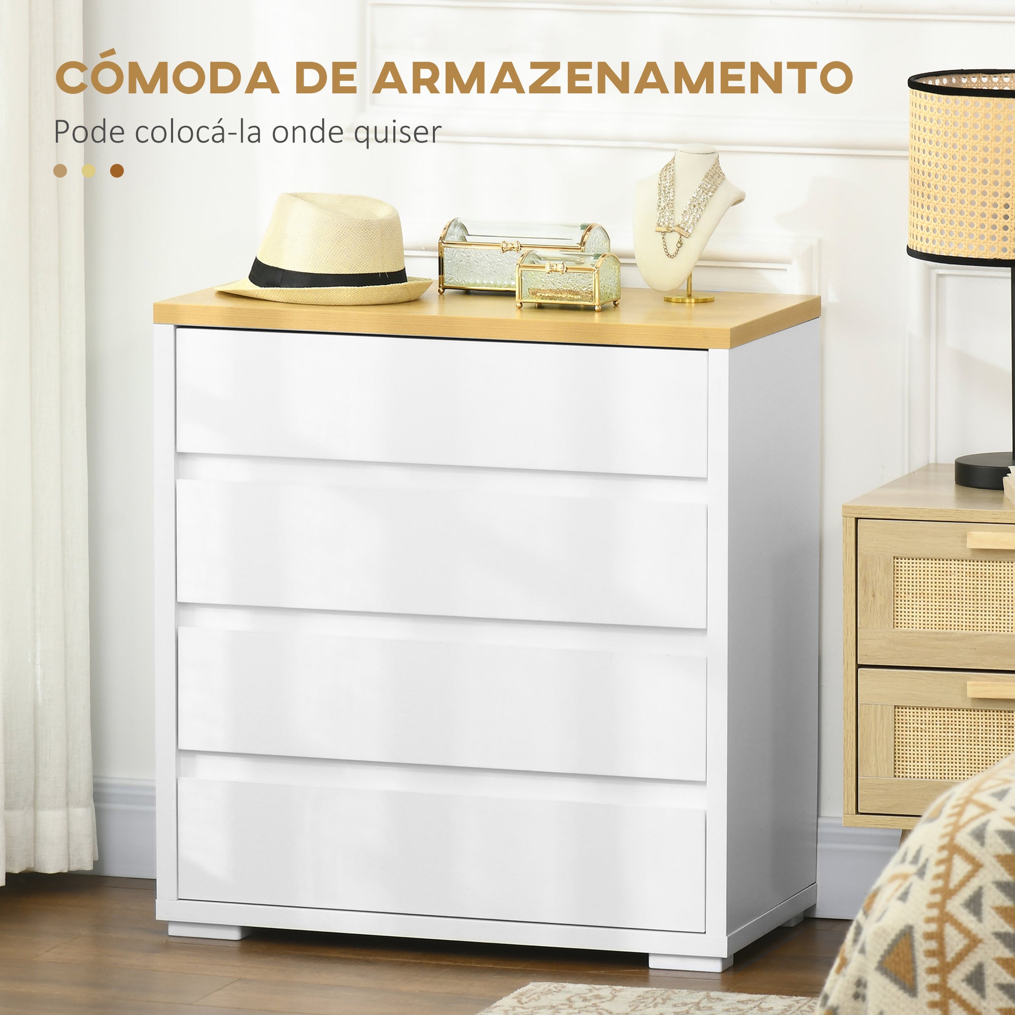 Cómoda Moderna com 4 Gavetas 70x37x75 cm Branco e Madeira