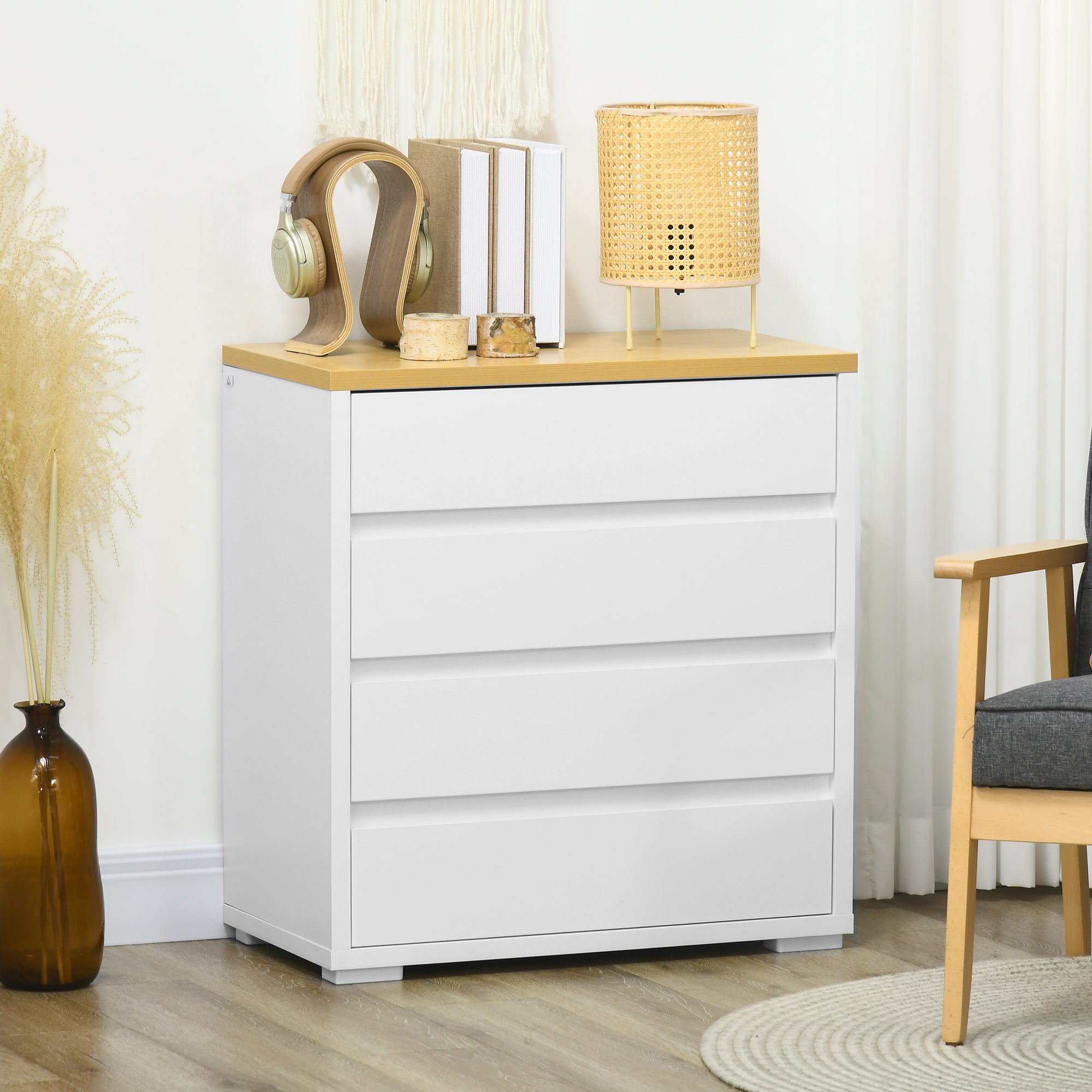 Cómoda Moderna com 4 Gavetas 70x37x75 cm Branco e Madeira