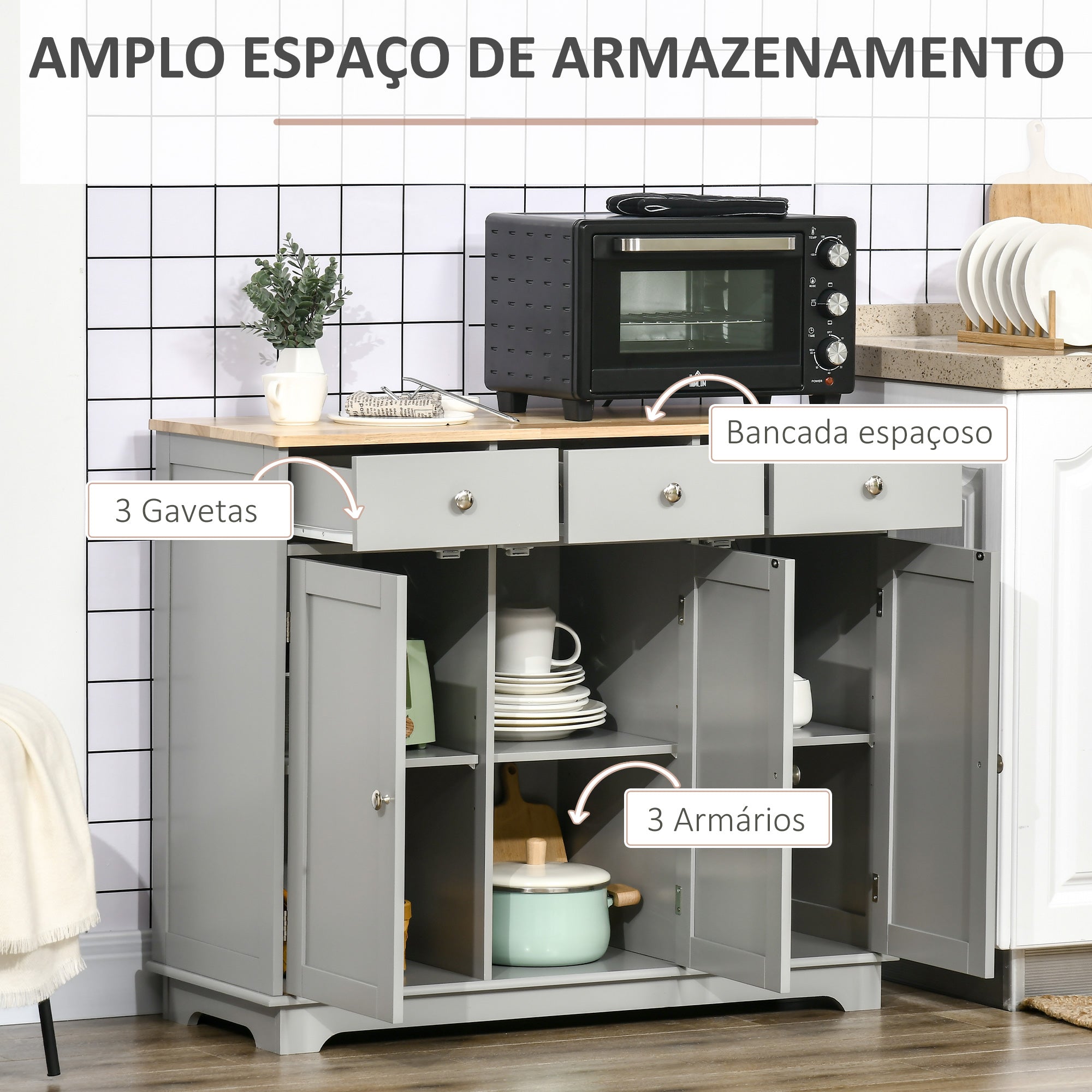 Aparador de Cozinha 101x40x85 cm em Cinza Claro