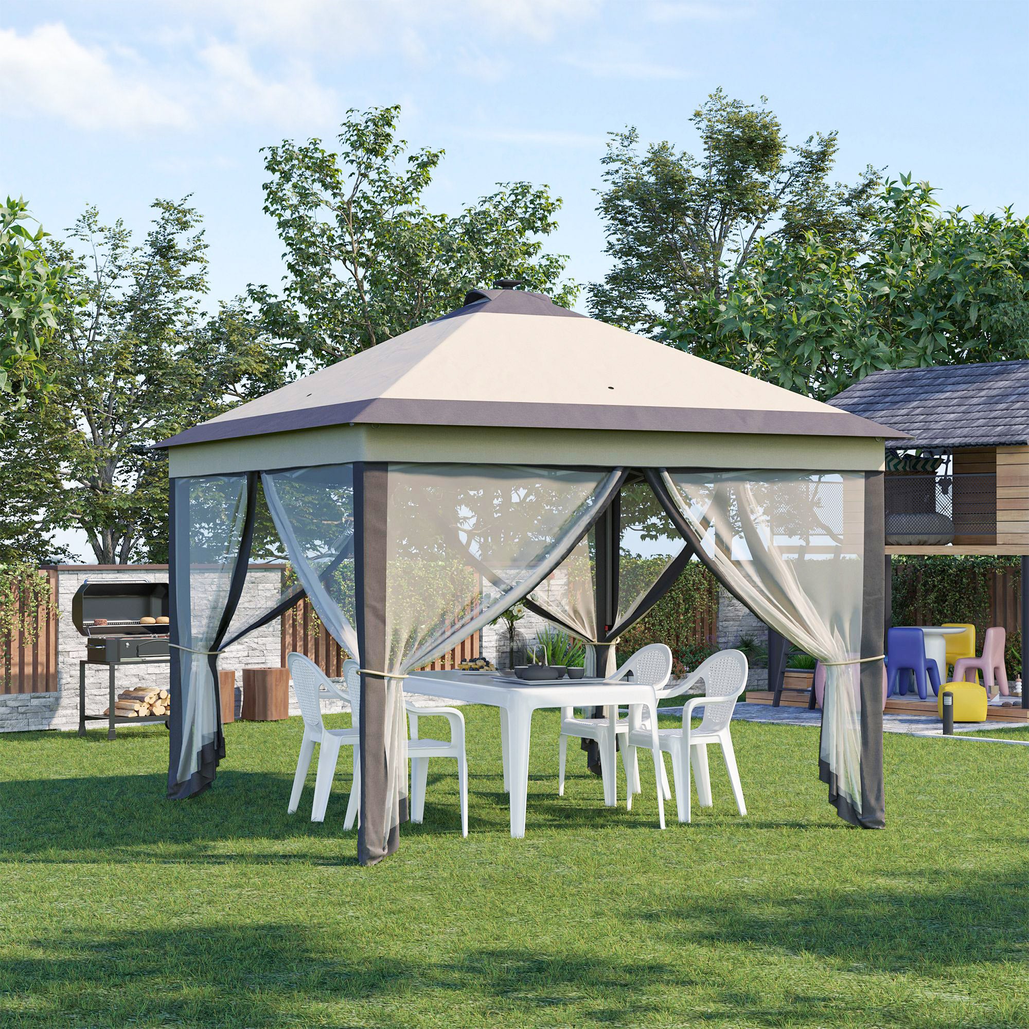 Tenda Dobrável Exterior 330x330x290 cm Bege com Luzes LED