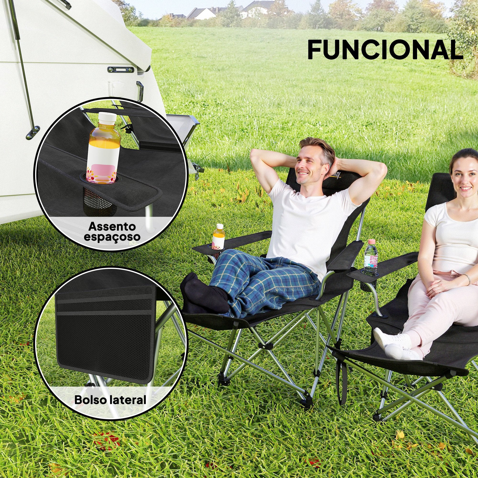 Conjunto de 2 Cadeiras Dobráveis Preto 50-100x82x88 cm