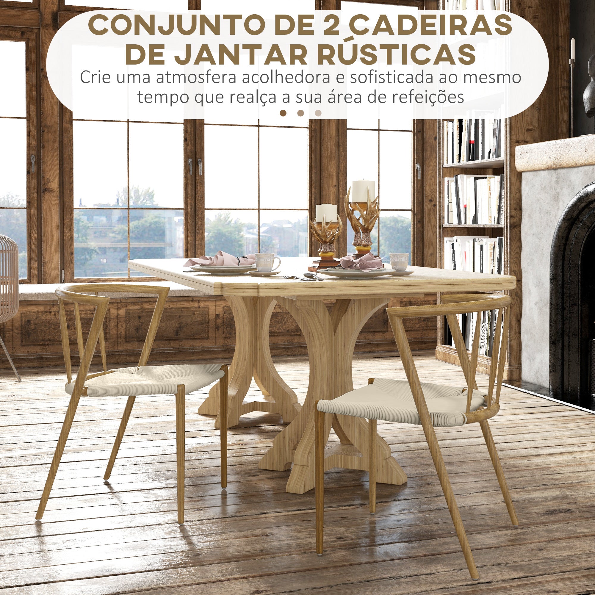 Conjunto de 2 Cadeiras em Corda de Papel – 51x51x71 cm – Carvalho e Creme
