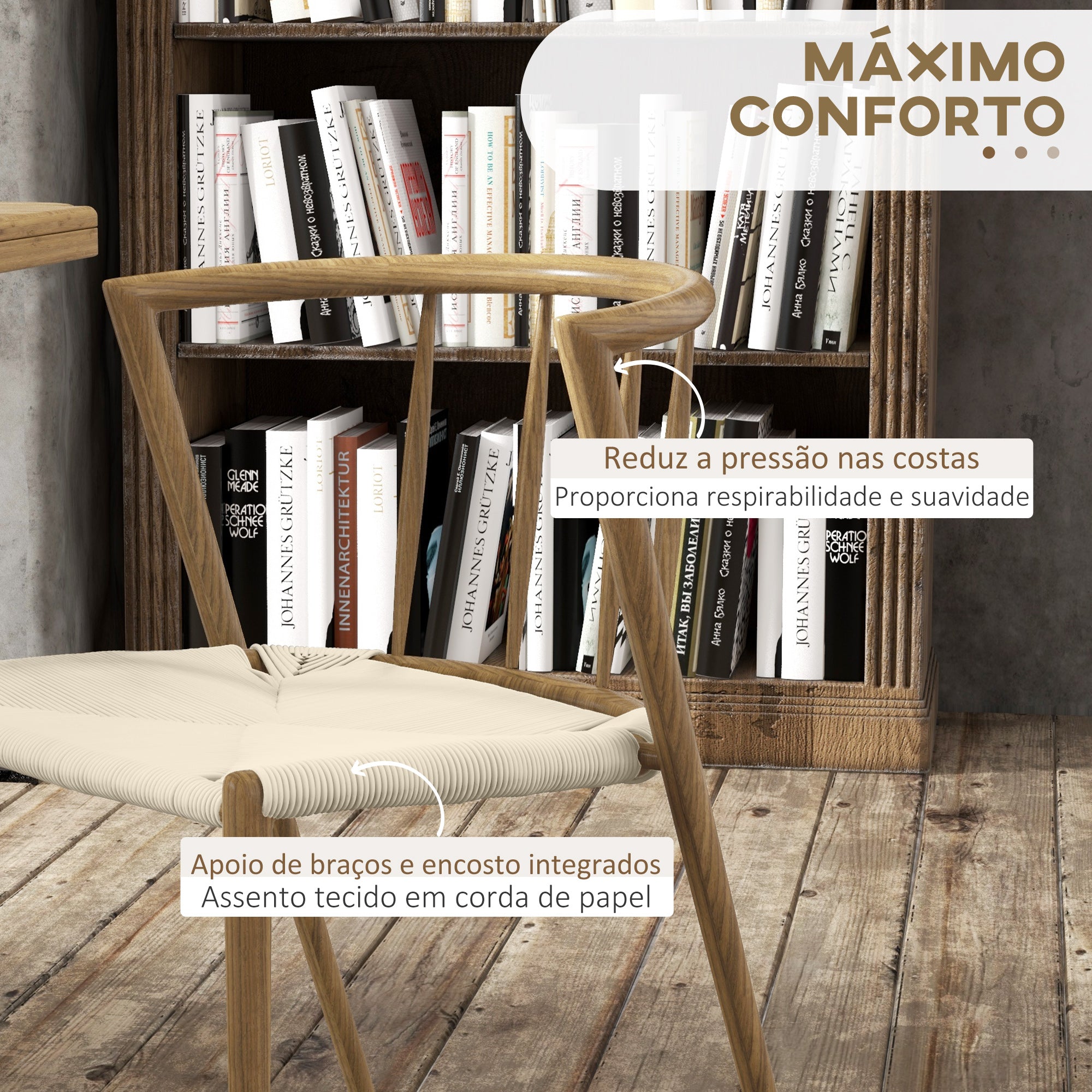 Conjunto de 2 Cadeiras em Corda de Papel – 51x51x71 cm – Carvalho e Creme