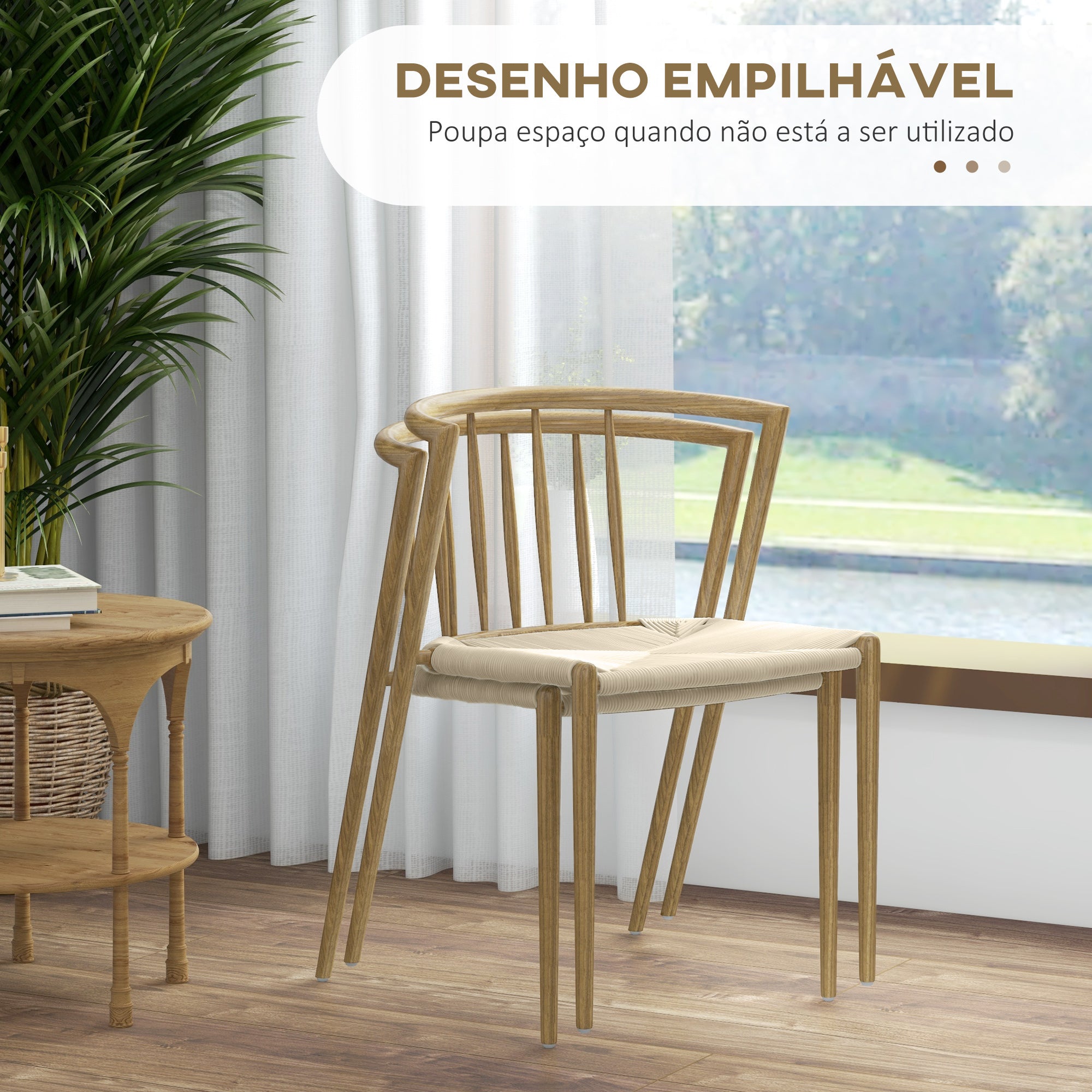 Conjunto de 2 Cadeiras em Corda de Papel – 51x51x71 cm – Carvalho e Creme