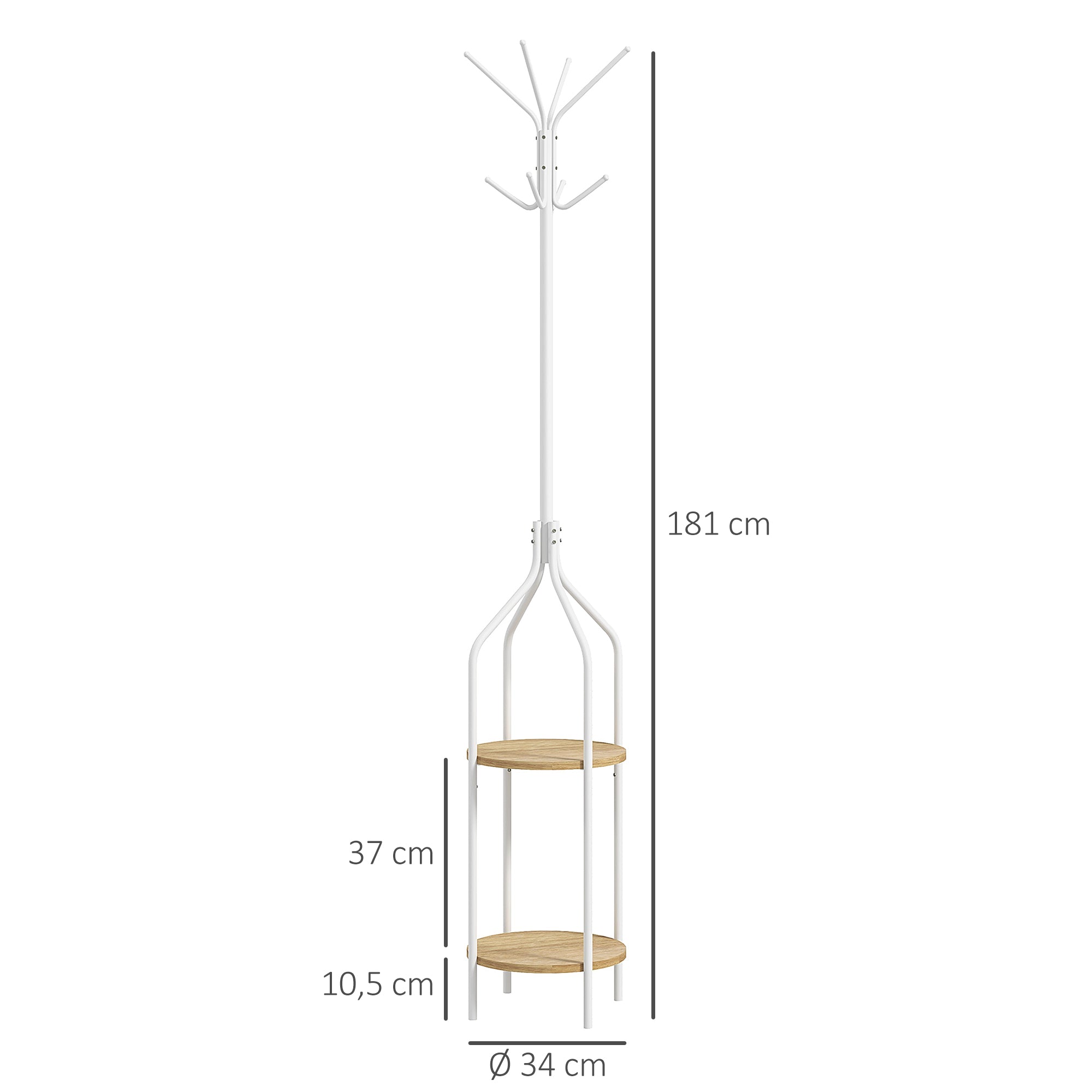 Cabide de Pé com 2 Prateleiras Ø34x181 cm - Branco