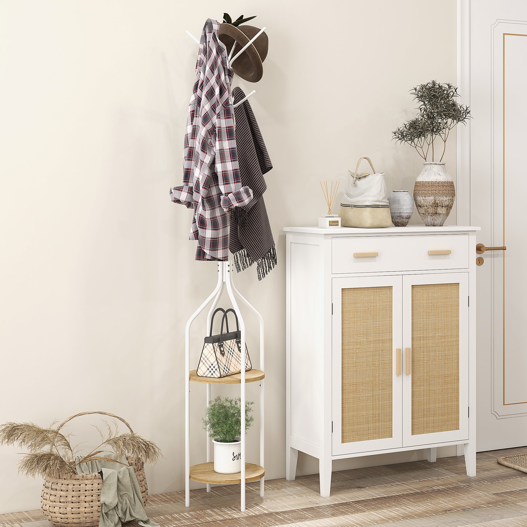 Cabide de Pé com 2 Prateleiras Ø34x181 cm - Branco