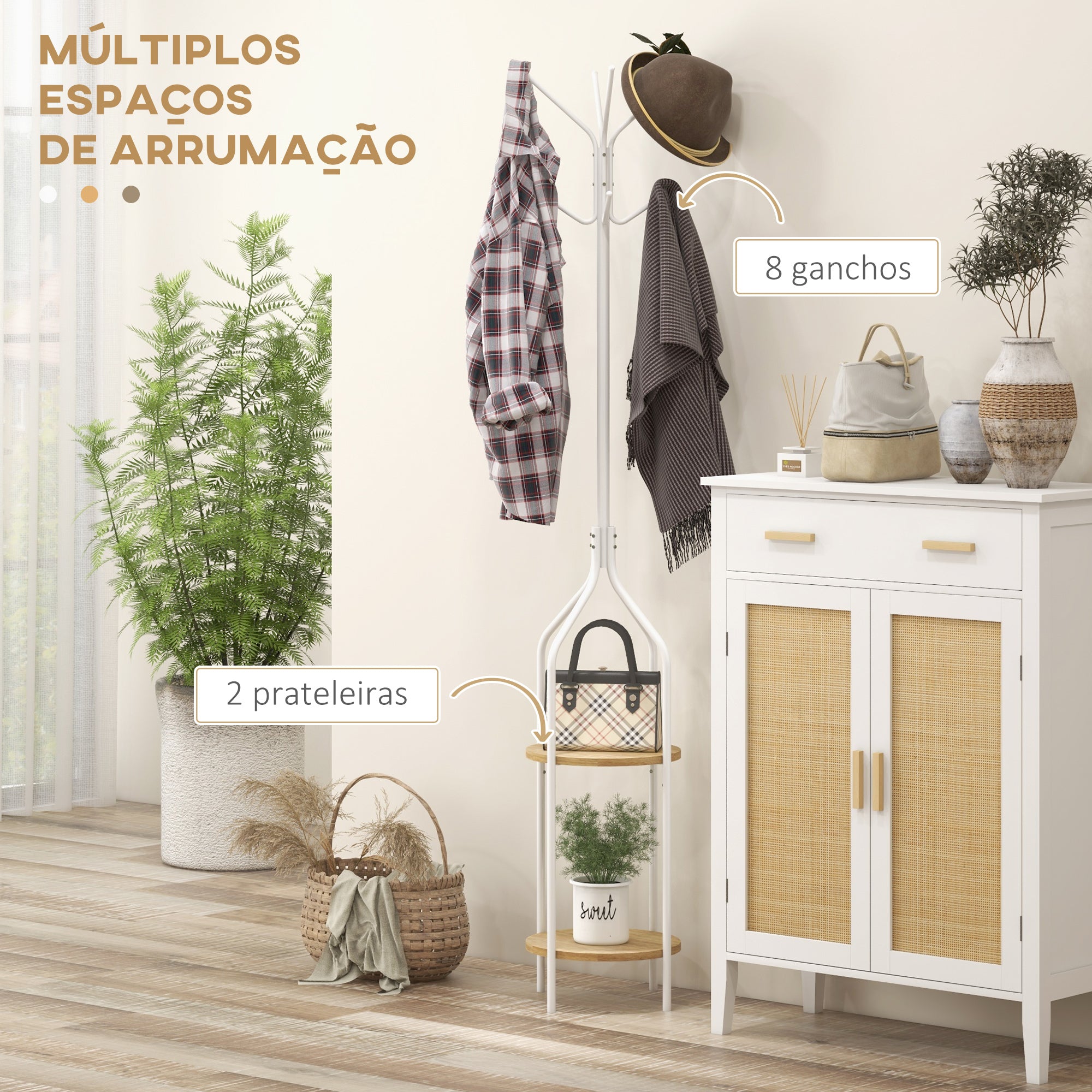 Cabide de Pé com 2 Prateleiras Ø34x181 cm - Branco