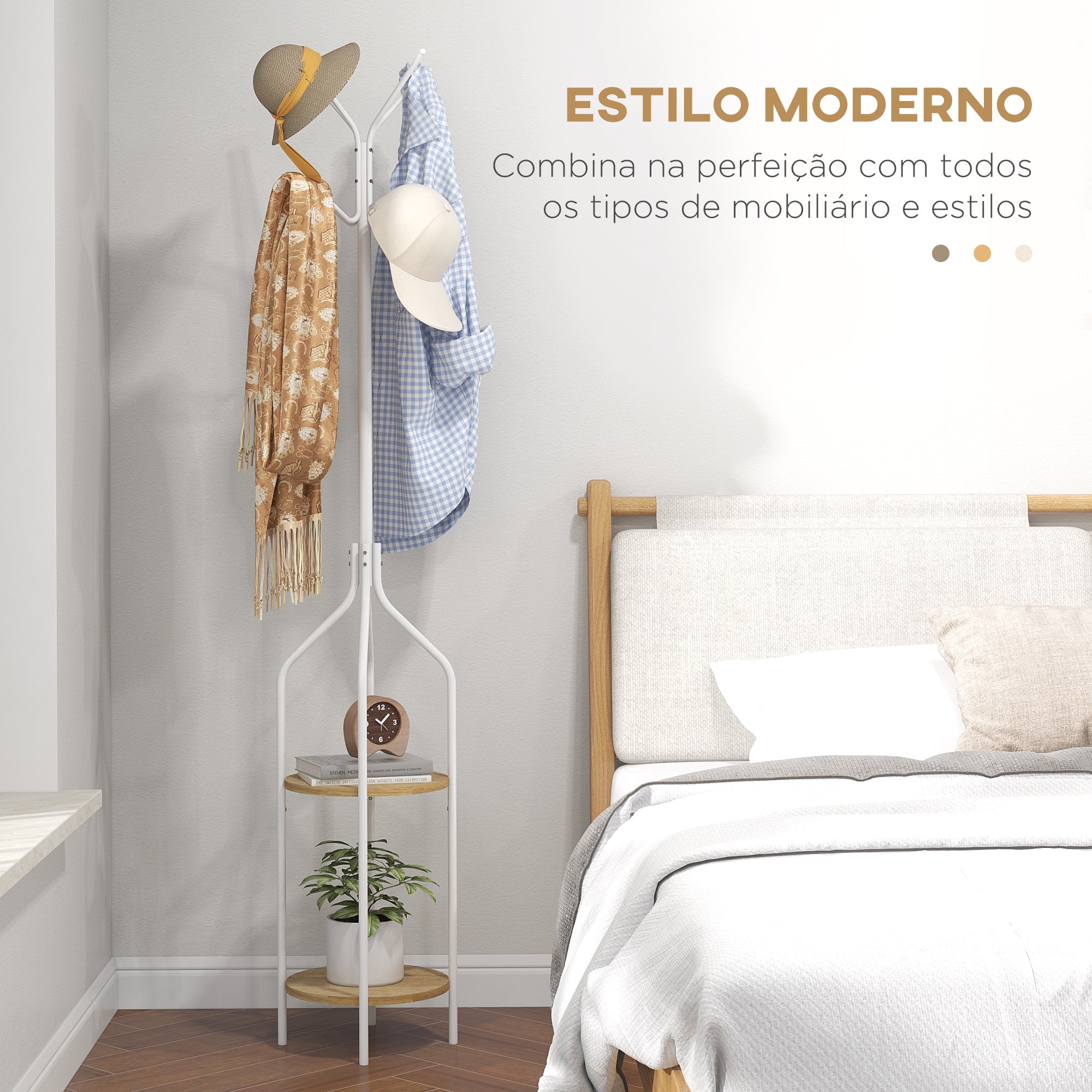 Cabide de Pé com 2 Prateleiras Ø34x181 cm - Branco