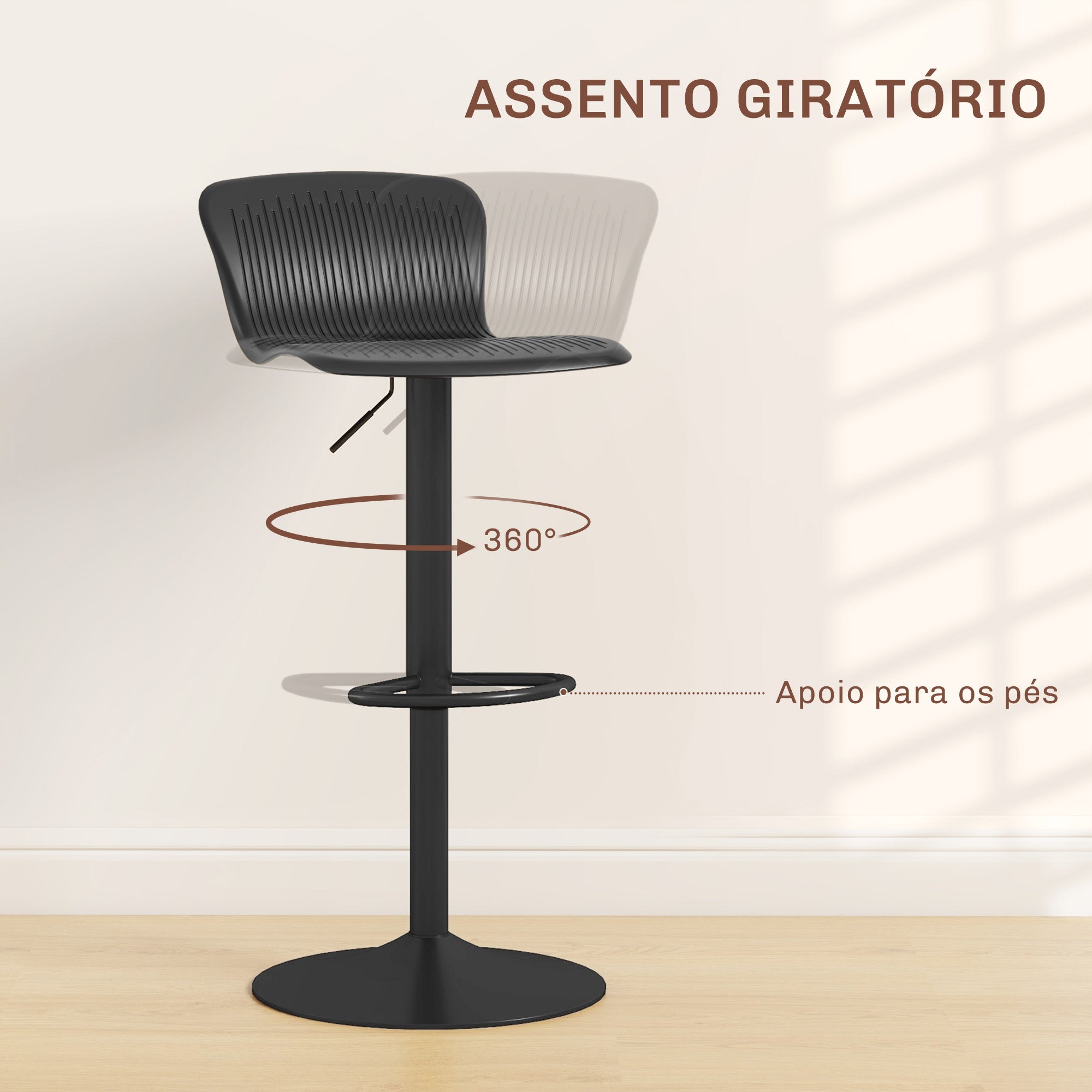 Bancos Altos de Cozinha Giratórios – 38,5x40x76,5-97,5cm – Preto – Polipropileno e metal