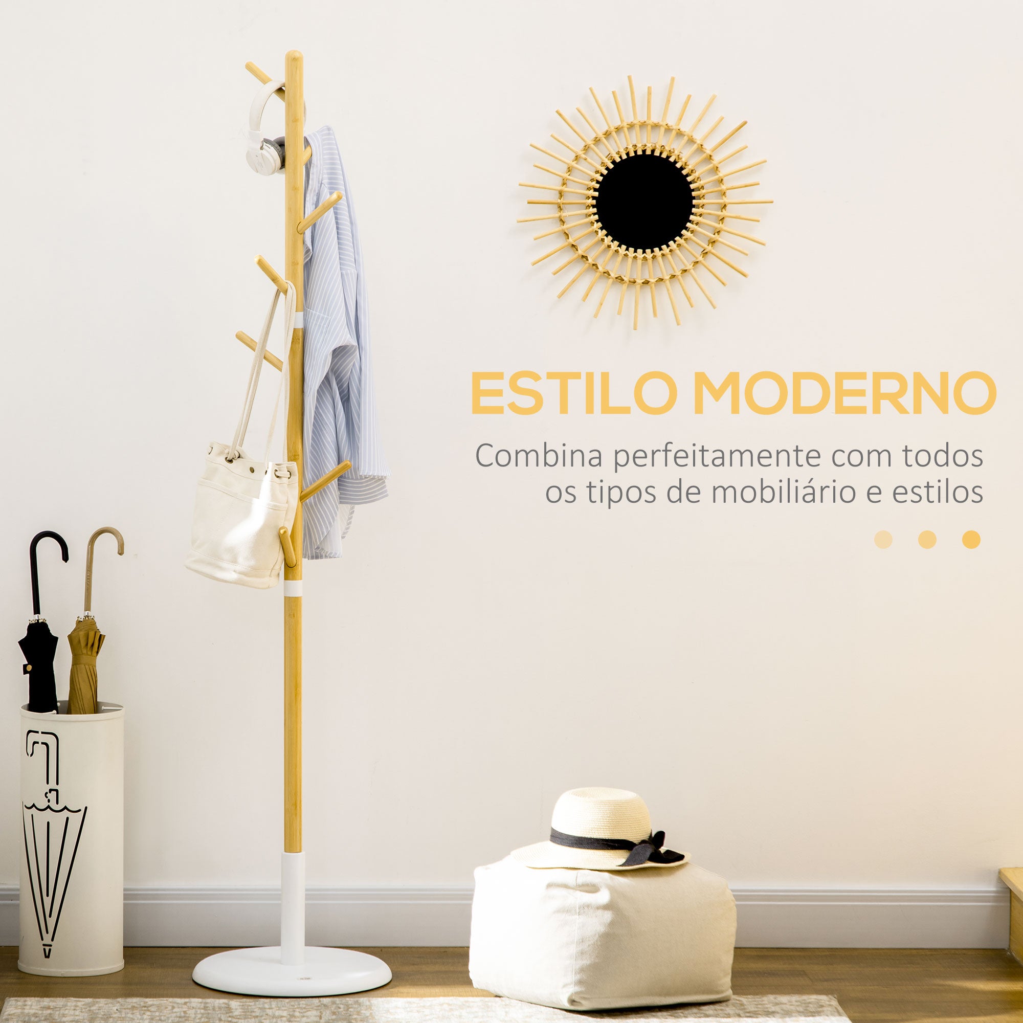 Cabide de Pé Moderno Ø37,8x175,6 cm - Madeira e Branco