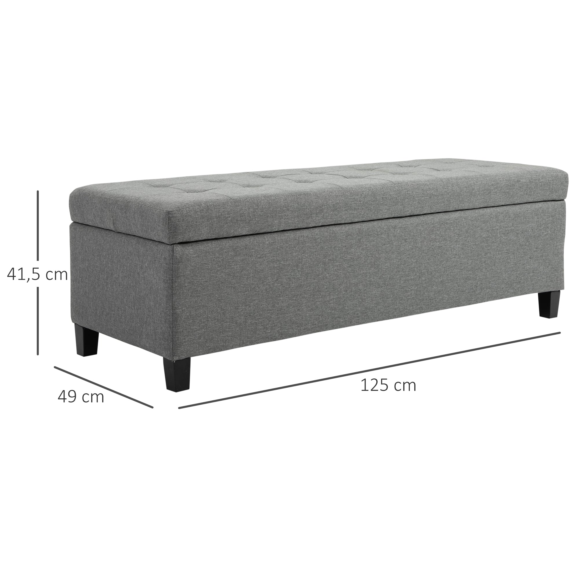 Banco de Armazenamento Acolchoado – 125x49x41,5 cm – Cinza – Tecido de linho sintético