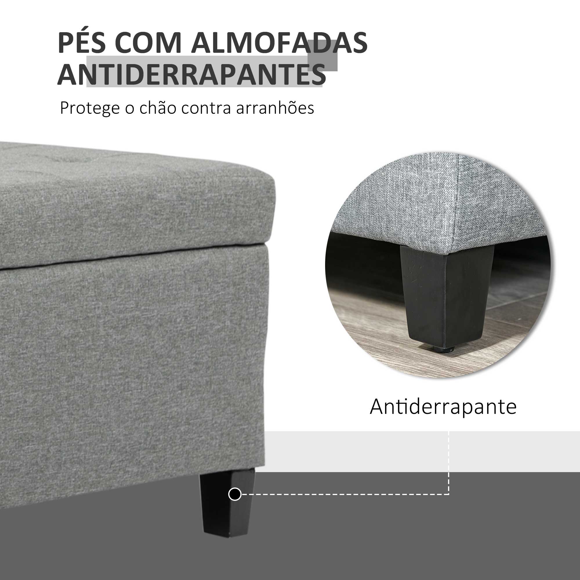 Banco de Armazenamento Acolchoado – 125x49x41,5 cm – Cinza – Tecido de linho sintético
