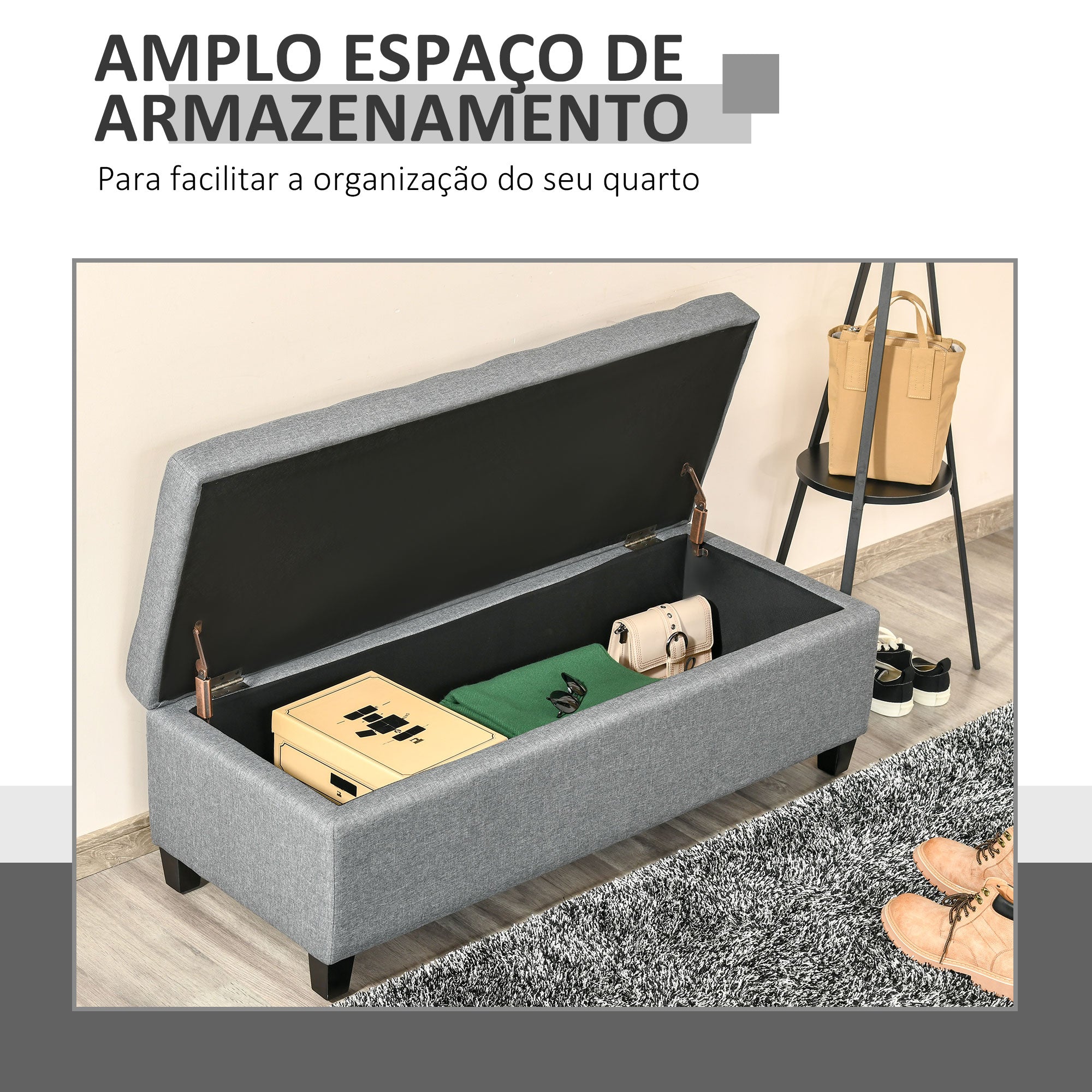 Banco de Armazenamento Acolchoado – 125x49x41,5 cm – Cinza – Tecido de linho sintético