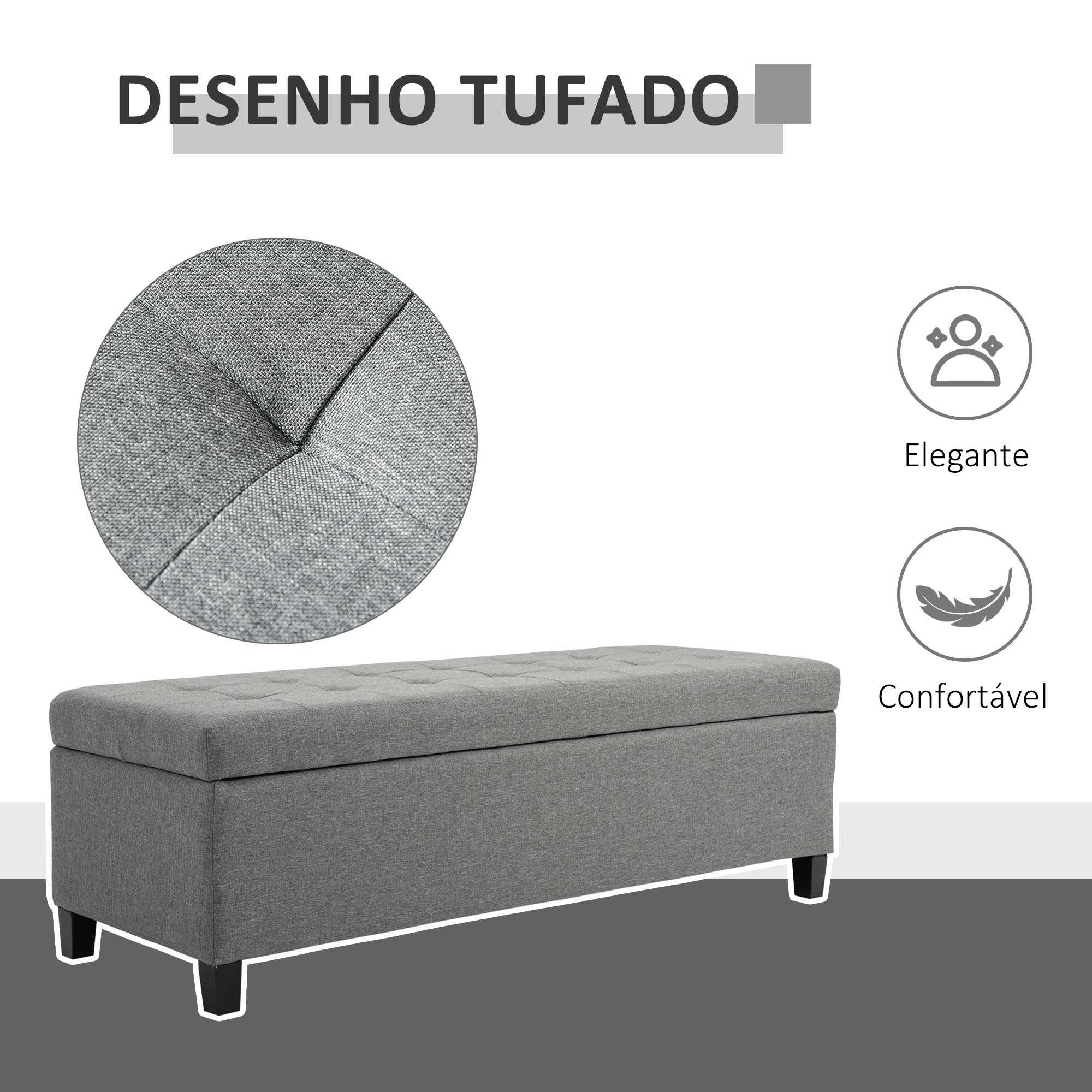 Banco de Armazenamento Acolchoado – 125x49x41,5 cm – Cinza – Tecido de linho sintético