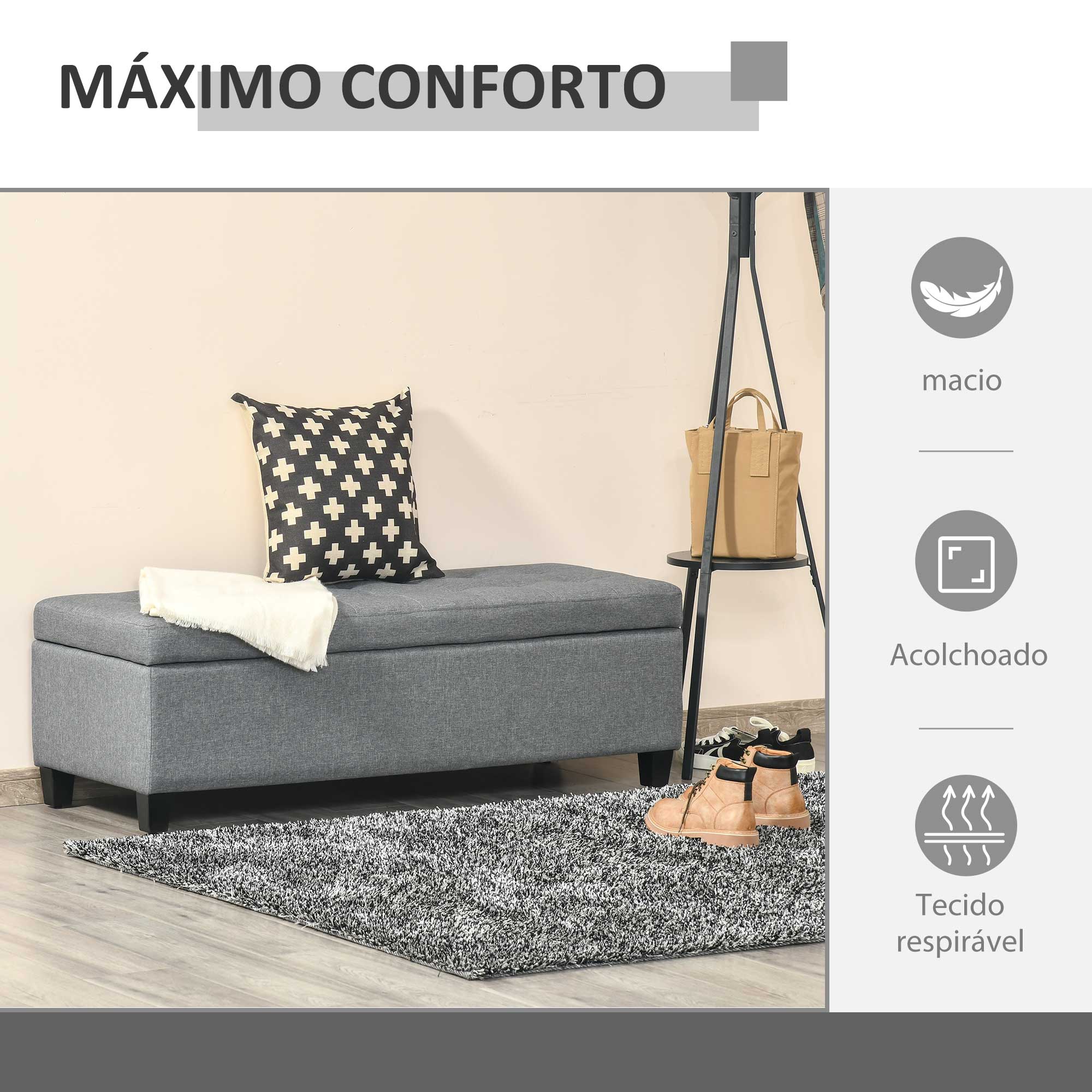 Banco de Armazenamento Acolchoado – 125x49x41,5 cm – Cinza – Tecido de linho sintético