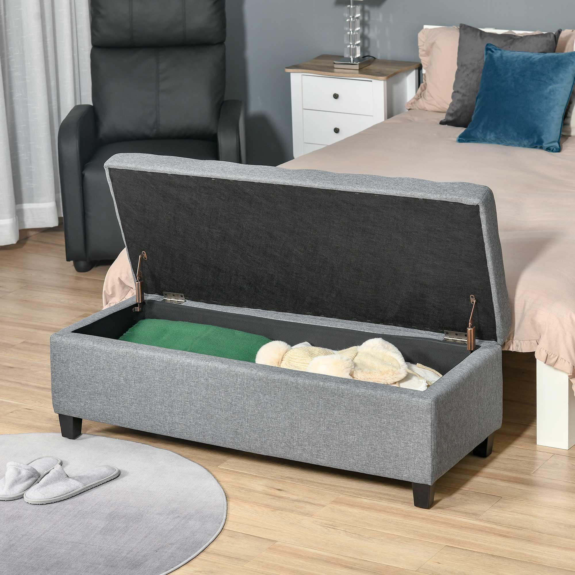 Banco de Armazenamento Acolchoado – 125x49x41,5 cm – Cinza – Tecido de linho sintético