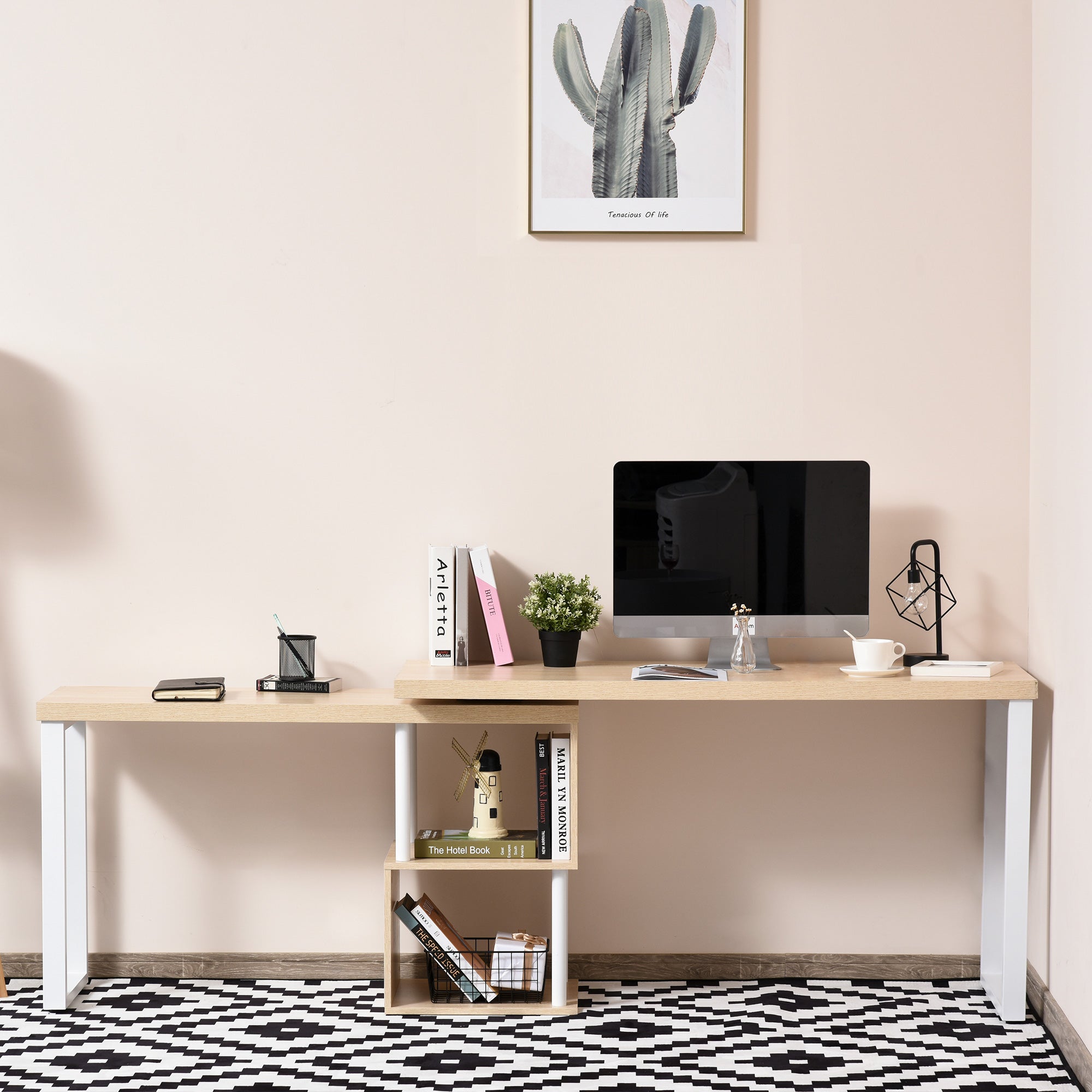 Secretária em Forma de L com Mesa Giratória de 360º - 220x55x76 cm - Cor Carvalho