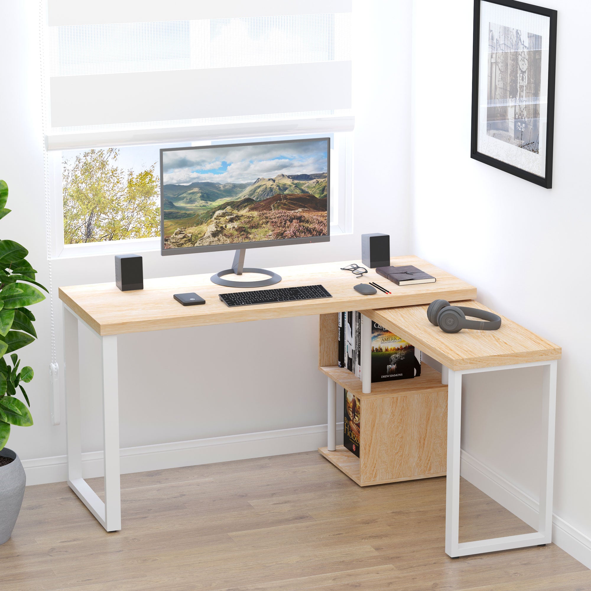 Secretária em Forma de L com Mesa Giratória de 360º - 220x55x76 cm - Cor Carvalho