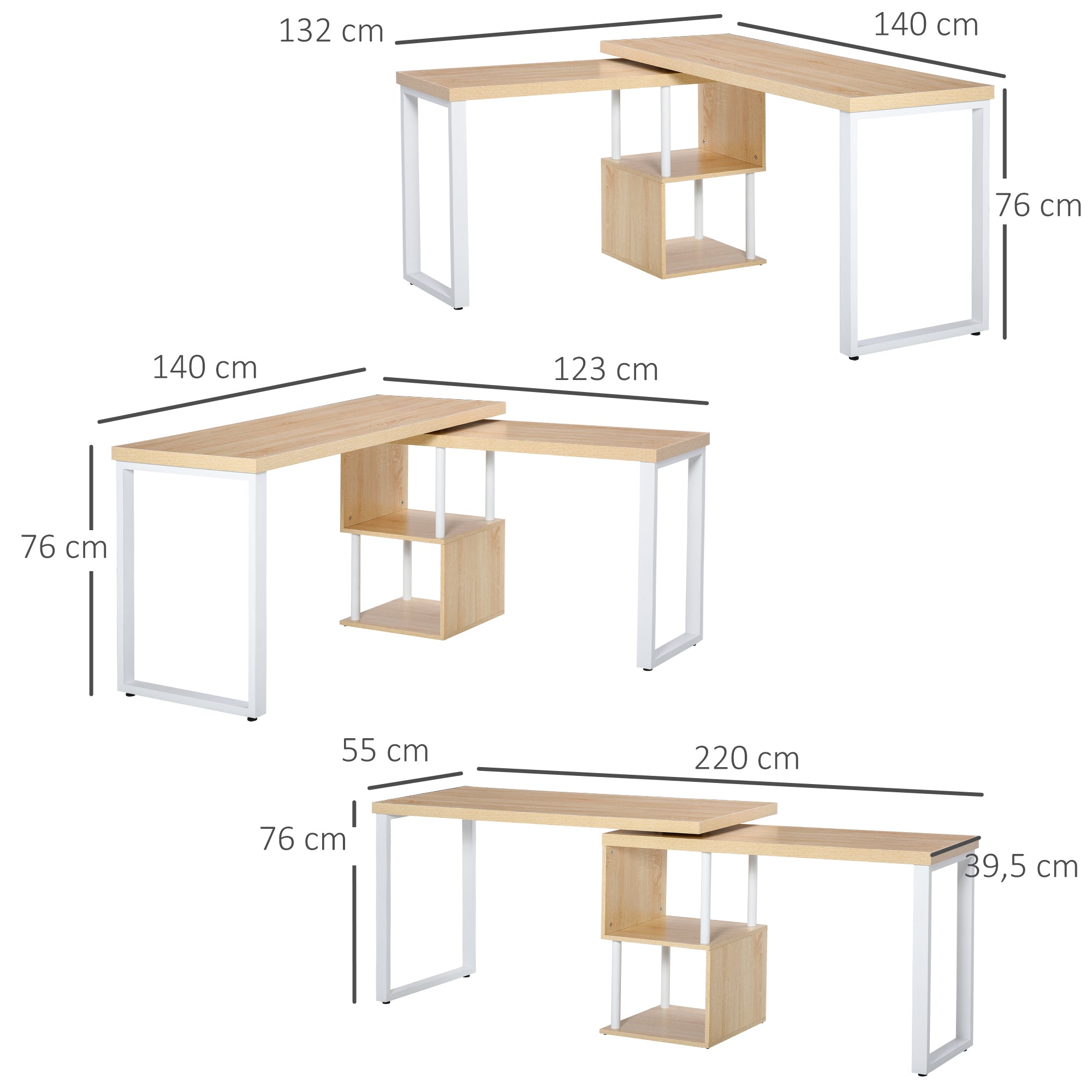 Secretária em Forma de L com Mesa Giratória de 360º - 220x55x76 cm - Cor Carvalho