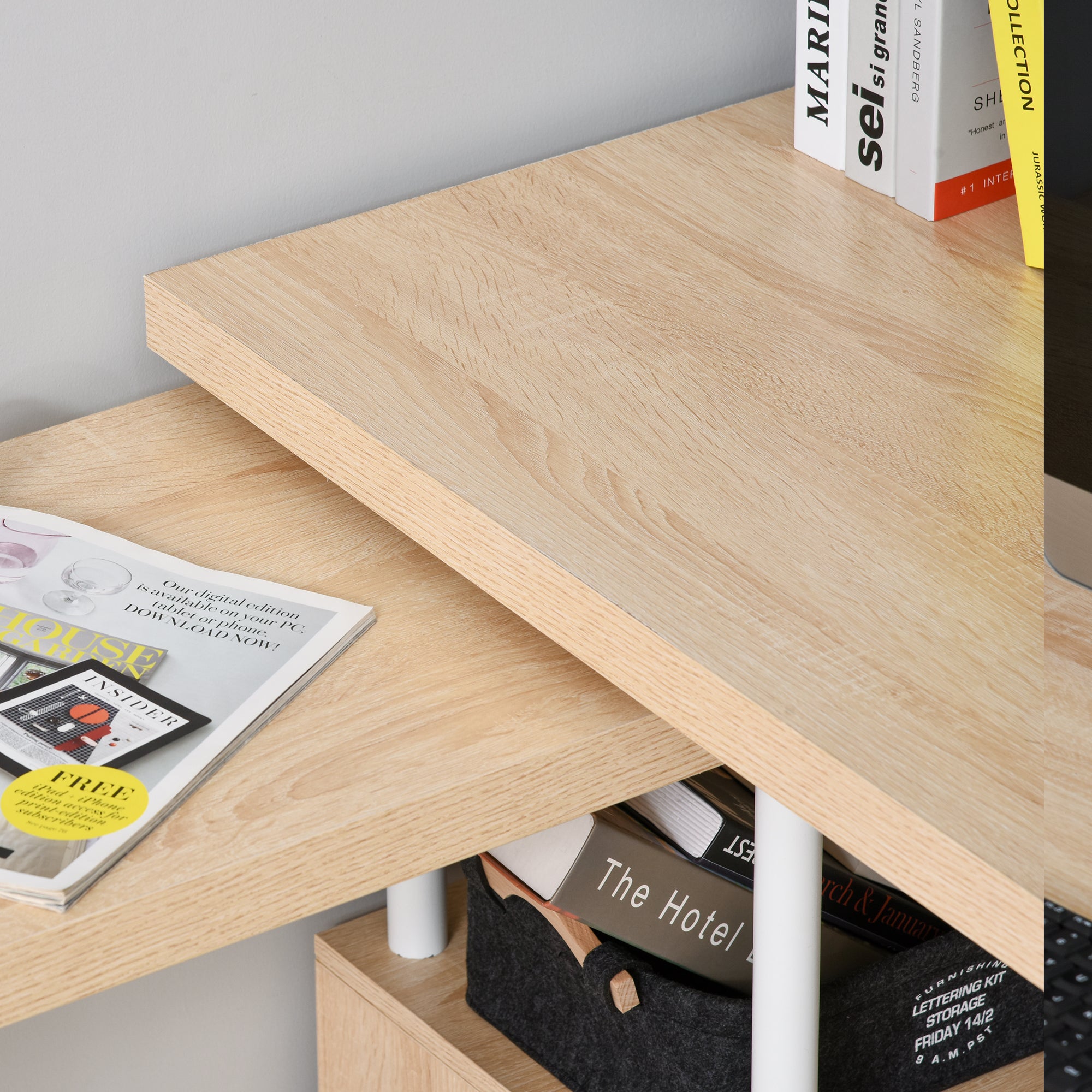Secretária em Forma de L com Mesa Giratória de 360º - 220x55x76 cm - Cor Carvalho